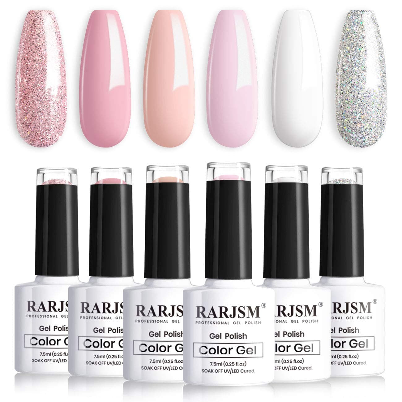 RARJSM French Manicure Gel Polish Set, Light Pink Gel Nail Polish, White Nude Glitter Nail Polish Set 6PCS 7.5ML Gelpolish Colors for All Seasons Nail Art DIY Home