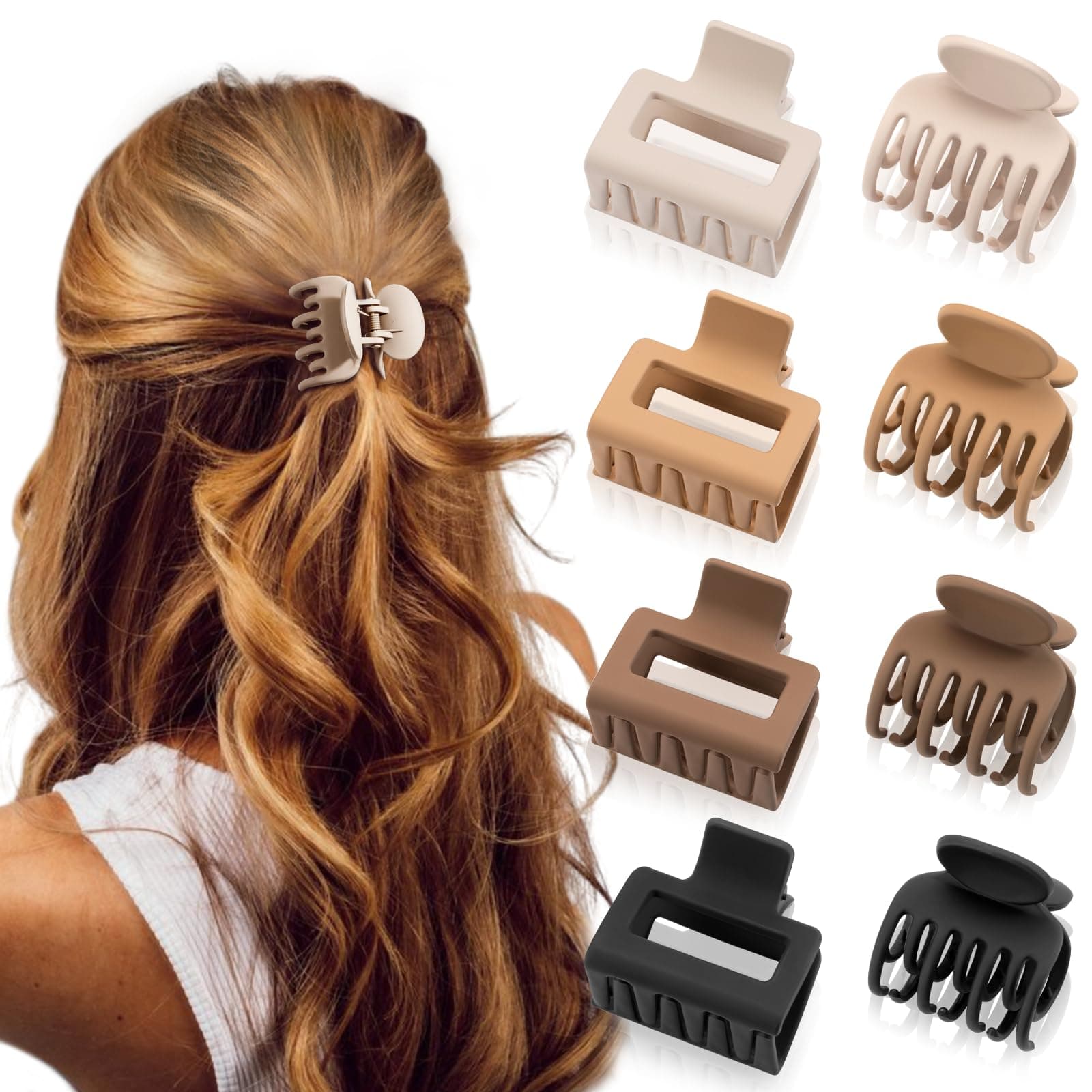 Medium Claw Hair Clip for Women Girls Mat 2" Rectangle & 1.6" Double Tooth Small Hair Claw for Thin and Medium Fine Hair Jaw Clips Non-Slip Clips (Beige, Khaki, Brown, Black)