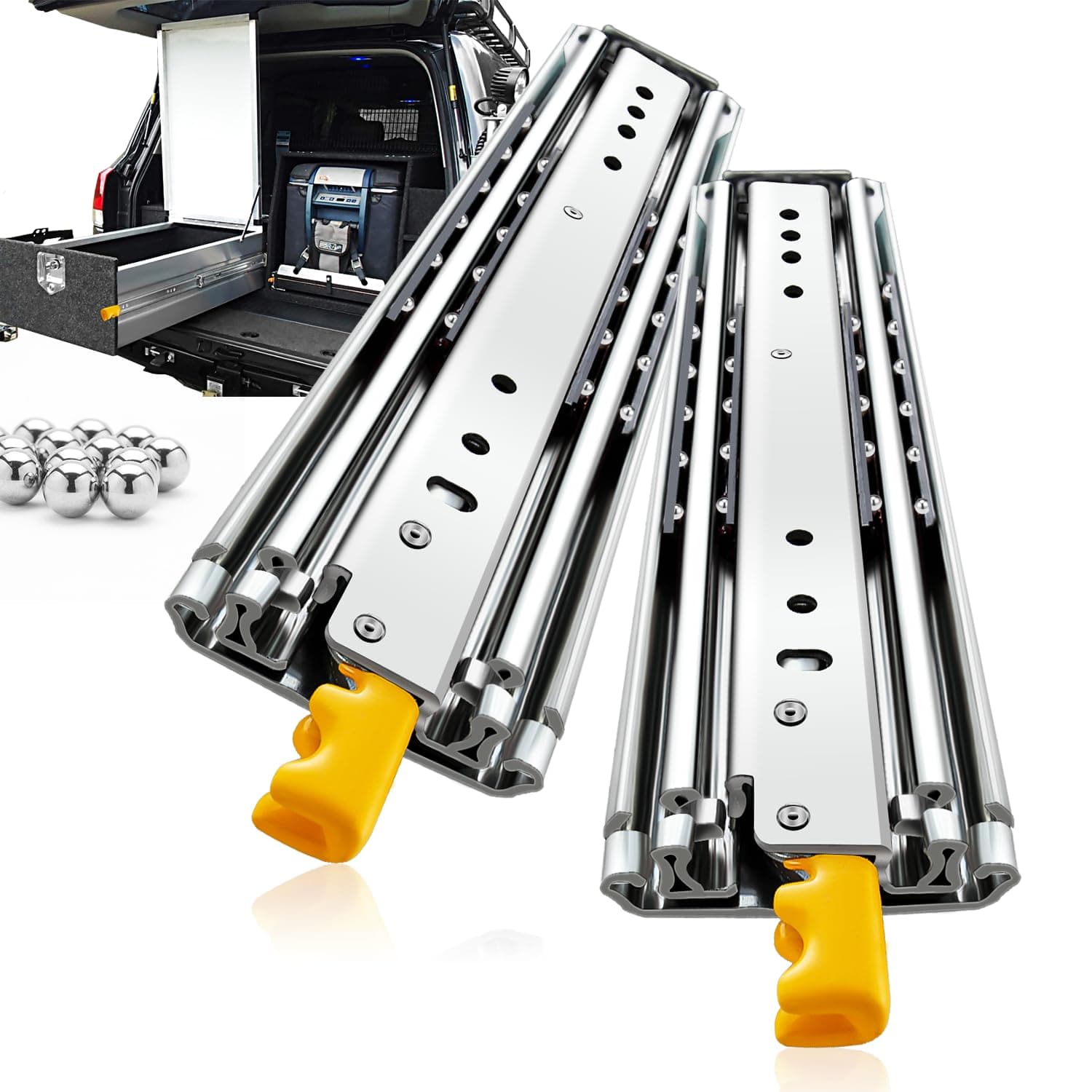 YENUO Heavy Duty Drawer Slides with Lock 12 14 16 18 20 22 24 26 28 30 32 34 36 38 40 44 48 52 56 60 Inch Full Extension Side Mount Ball Bearing Locking Rails Track Glides Runners Load 300 Lbs 1 Pair