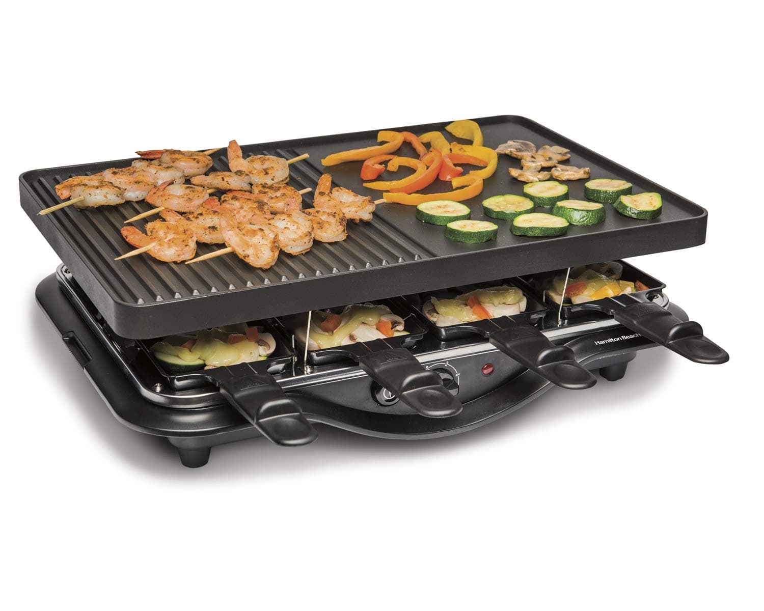 Electric Indoor Raclette Table Grill, 200 sq. in. PFAS-Free Nonstick Griddle Serves up to 8 People for Parties and Family Fun, Includes 8 Warming Trays, Black (31612MN-MX)
