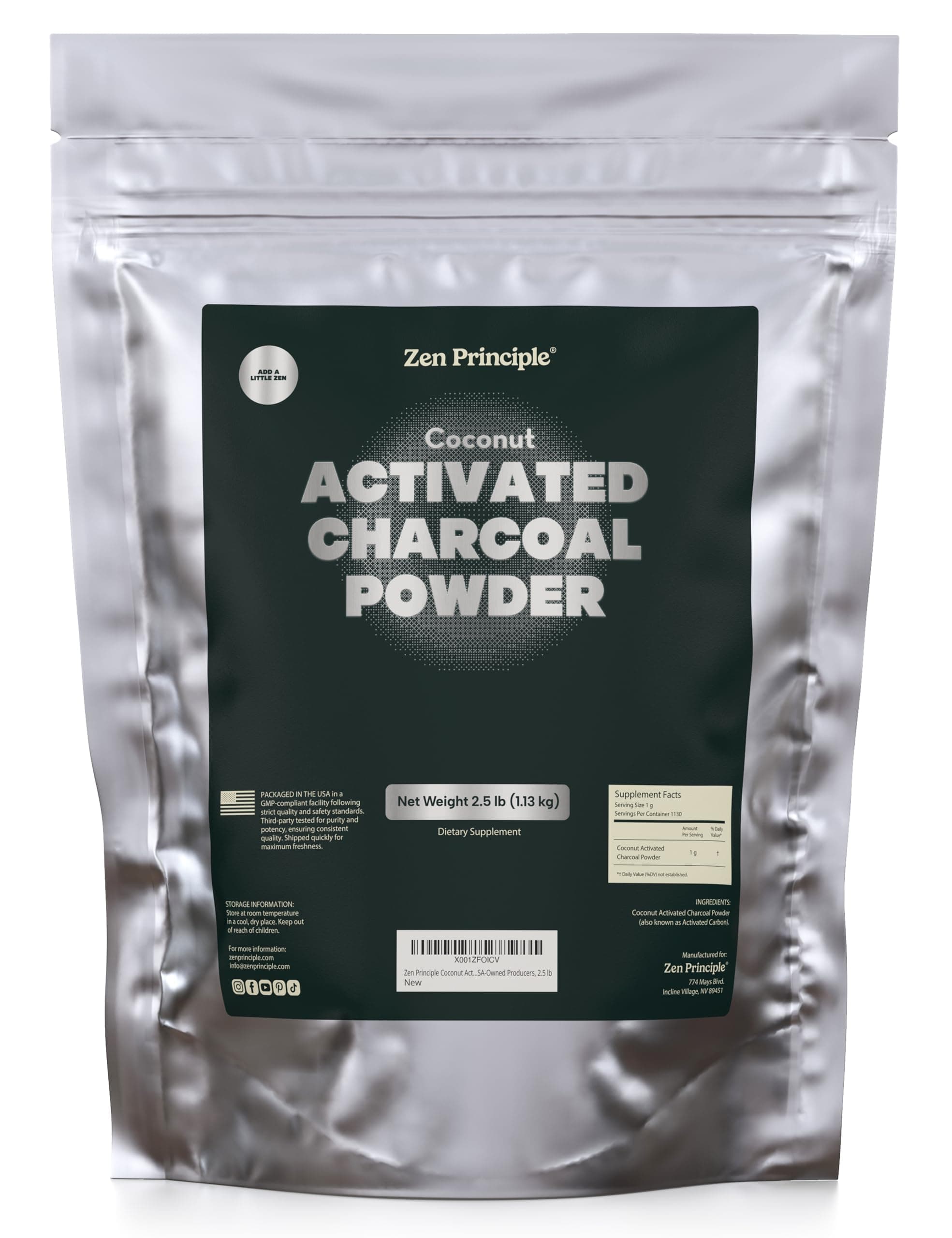 Zen Principle Coconut Activated Charcoal Powder. Whitens Teeth, Rejuvenates Skin and Hair, Supports Better Digestion. USA-Owned Producers, 2.5 lb