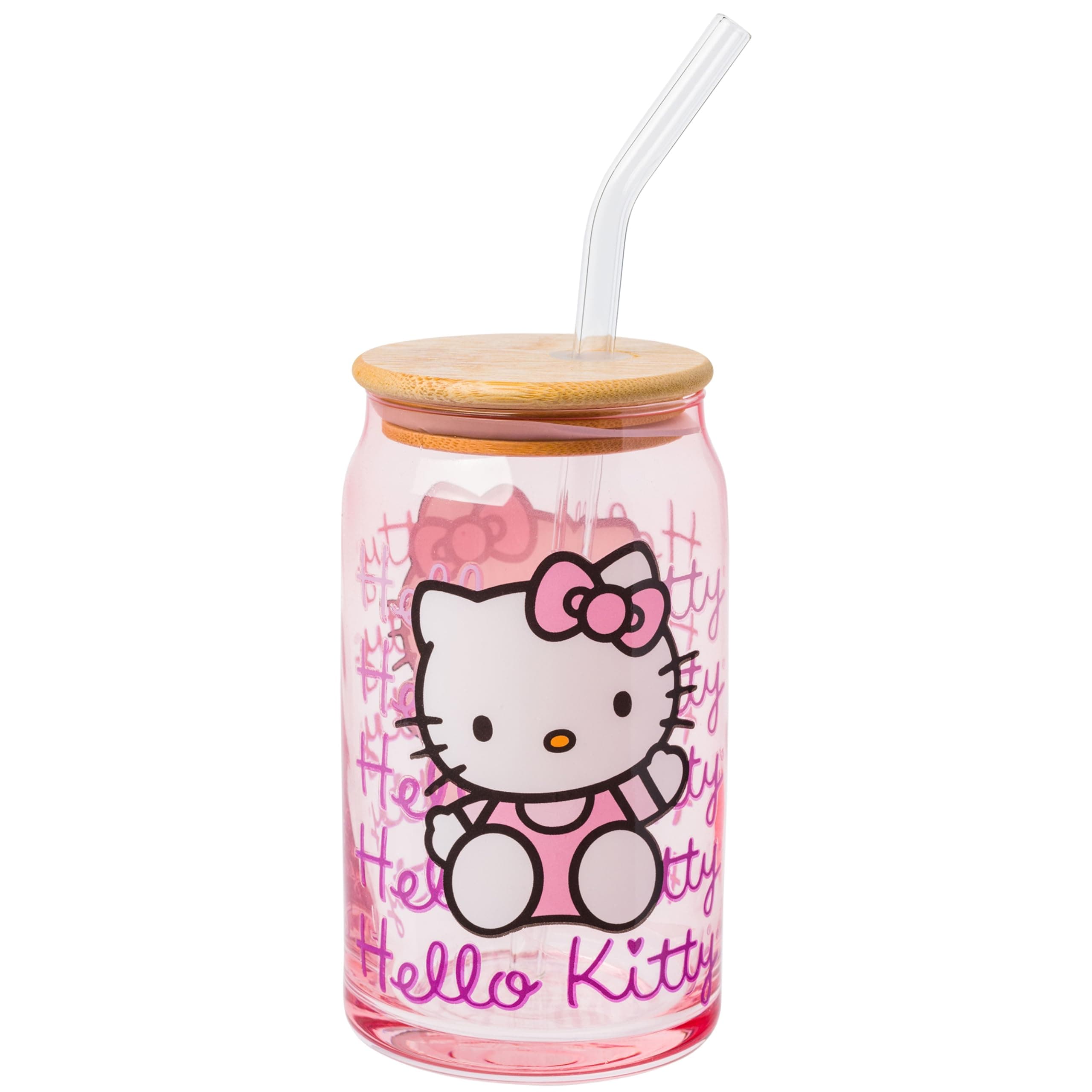 Sanrio Hello Kitty Waving Pink Glass Jar Tumbler with Bamboo Lid and Glass Straw, 16 Ounces | Sanrio, Waving, Jar, Tumbler, Bamboo Lid, Glass Straw
