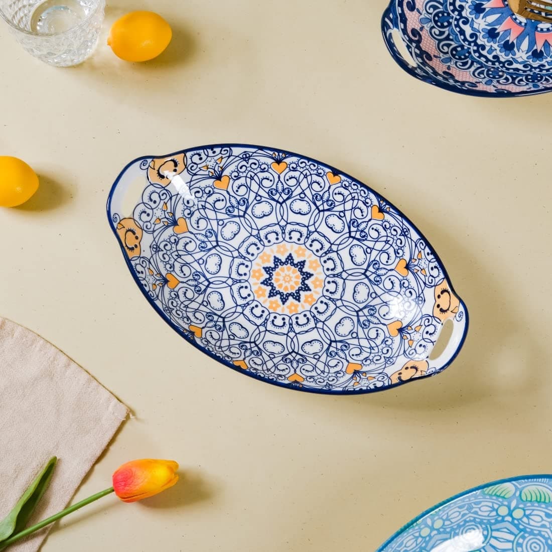 - Nestasia Dark Blue Mandala Ceramic Long Dish with Handles for Serving Snacks, Appetizers, Salads, and Noodles| Microwave Safe, Dishwasher Safe (10.8 Inch)