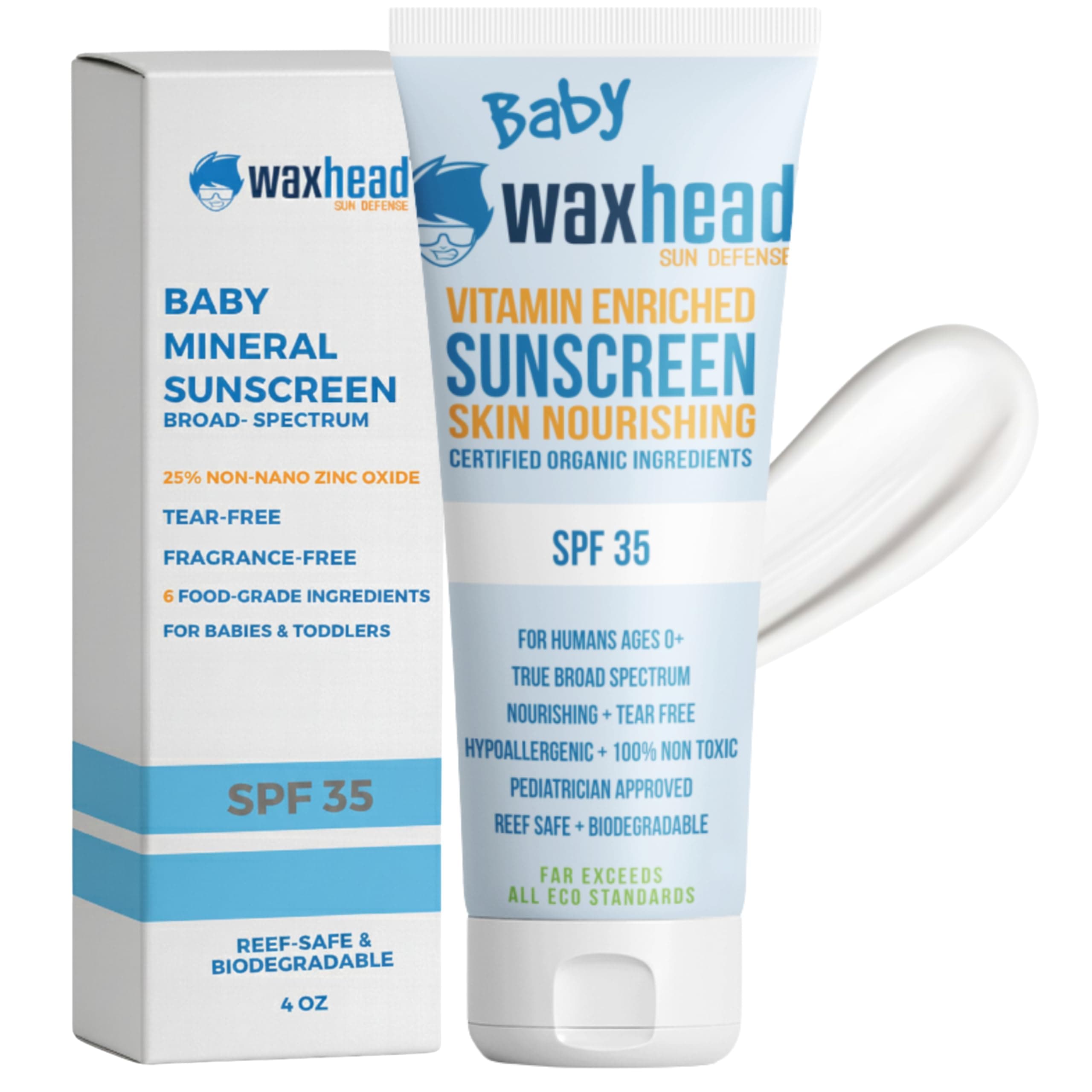 Waxhead Baby Sunscreen SPF 35, 25% Non-Nano Zinc Oxide Mineral Sunscreen for Babies, Infants & Toddlers, Kids Sunblock Face and Body Lotion, Tear-Free, Reef-Safe (4 oz)