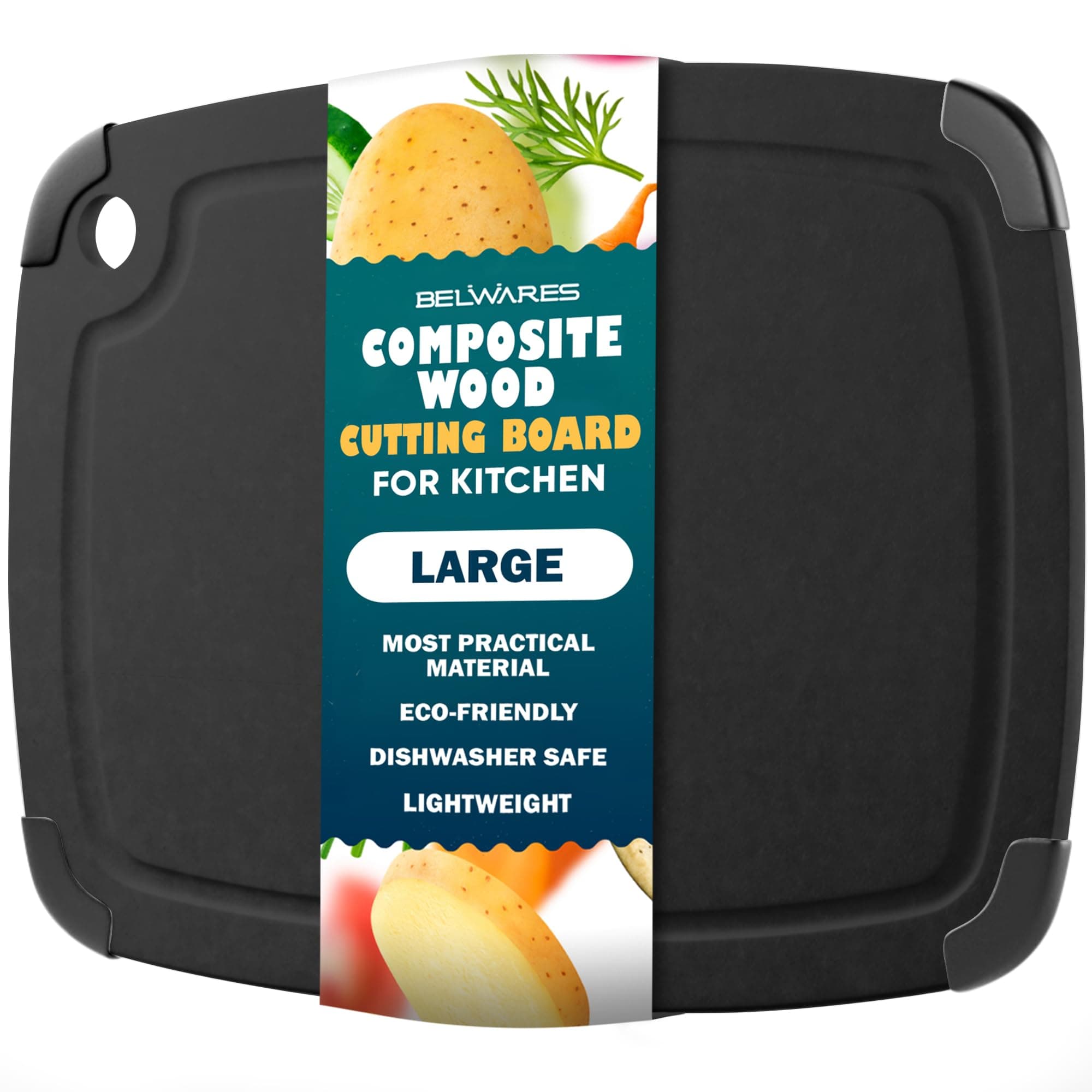 BelwaresWooden Cutting Board for Kitchen - Large Nonslip Composite Wood Cutting Boards Dishwasher Safe with Grooves, Thin, BPA Free & Eco-Friendly Chopping Board (14.5 x 11.25 Inch, Slate Black)