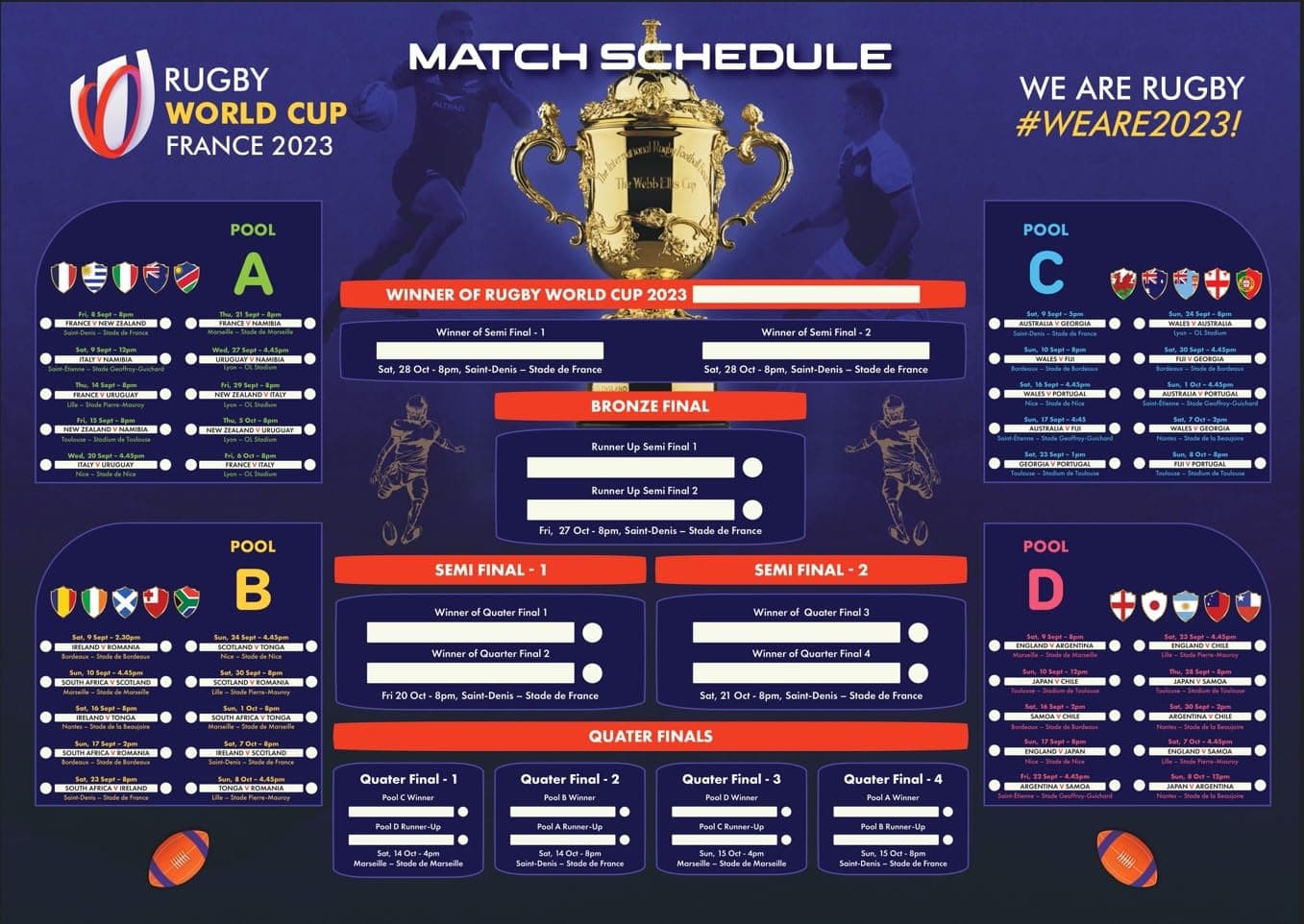 Rugby World Cup Wall Chart 2023 - A2 Size Premium Wall Chart Poster Planner - Includes 20 Teams All Matches Results Wall Calendar (A2-Folded) Uk times by Giftinghouse.