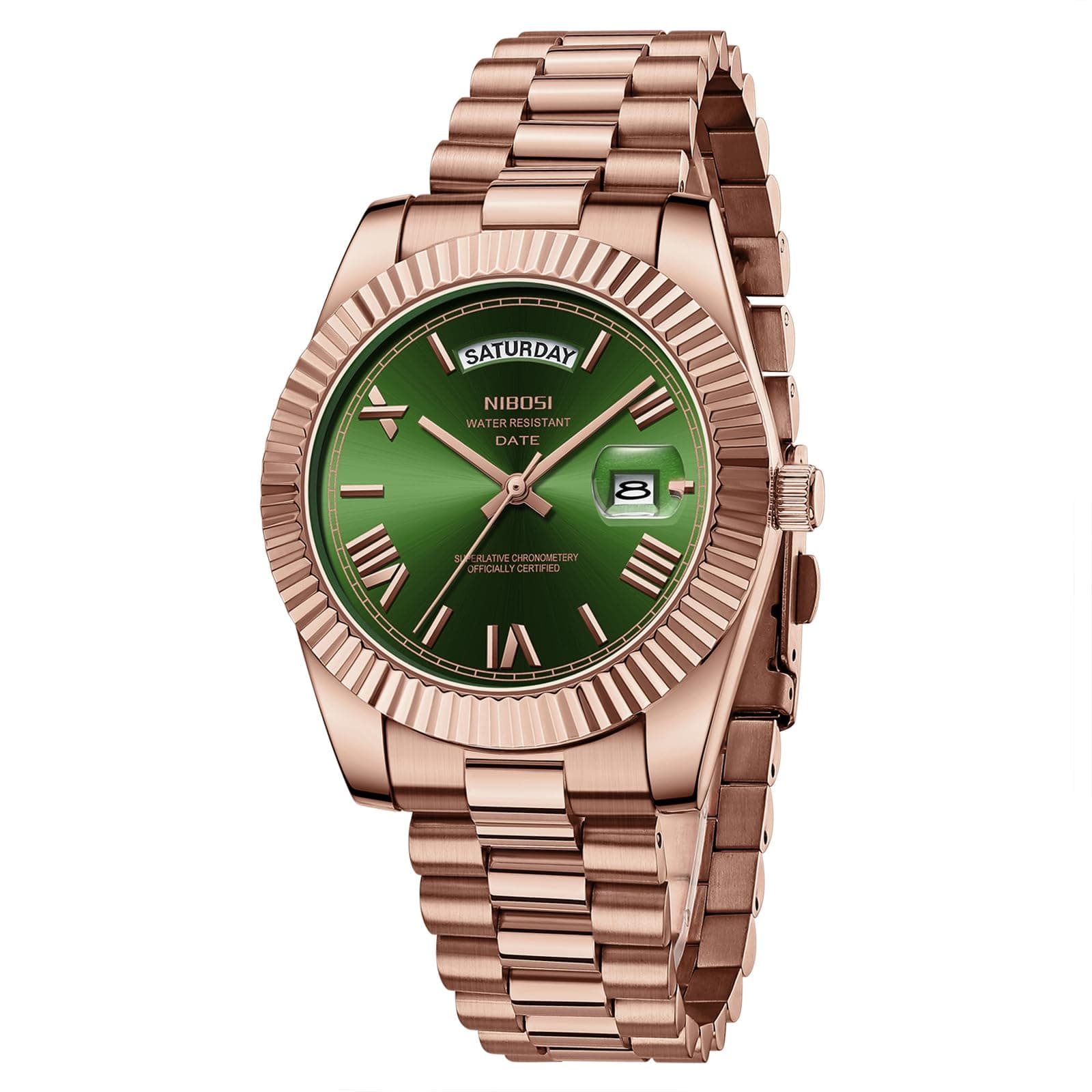 NIBOSI Men Watches Analog Quartz Stainless Steel Watches for Men Waterproof Business Classic Desiger Wrist Watch Day&Date, Rose Green