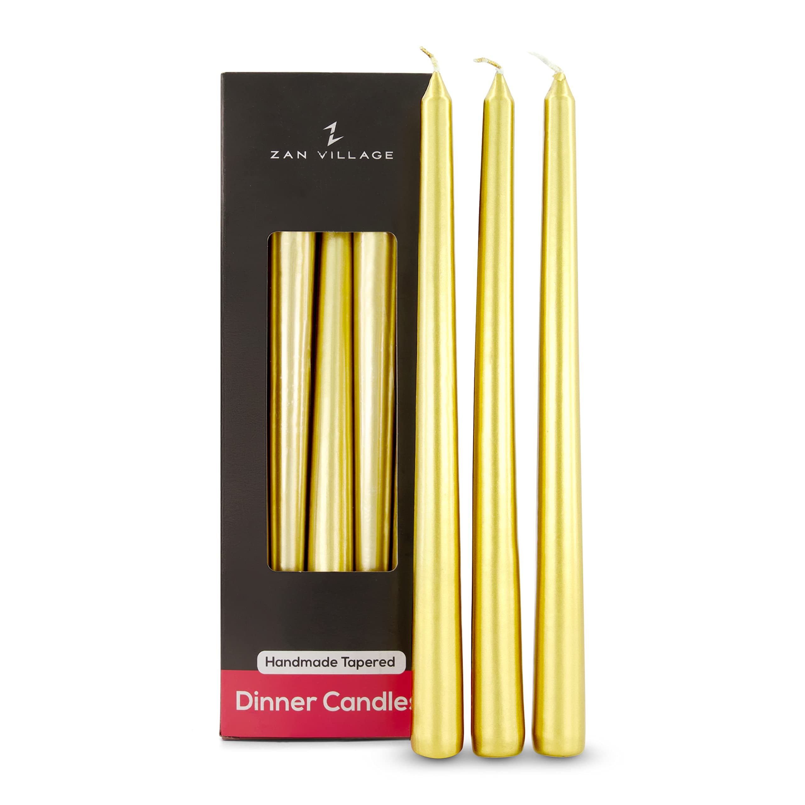 Zan Village Candle Company Taper Dinner Candles, 10 Pack, Long-Lasting 7-Hour Burn Time, Classic Long Venetian Style, Unscented, Dripless Candling, Made in the UK - Gold