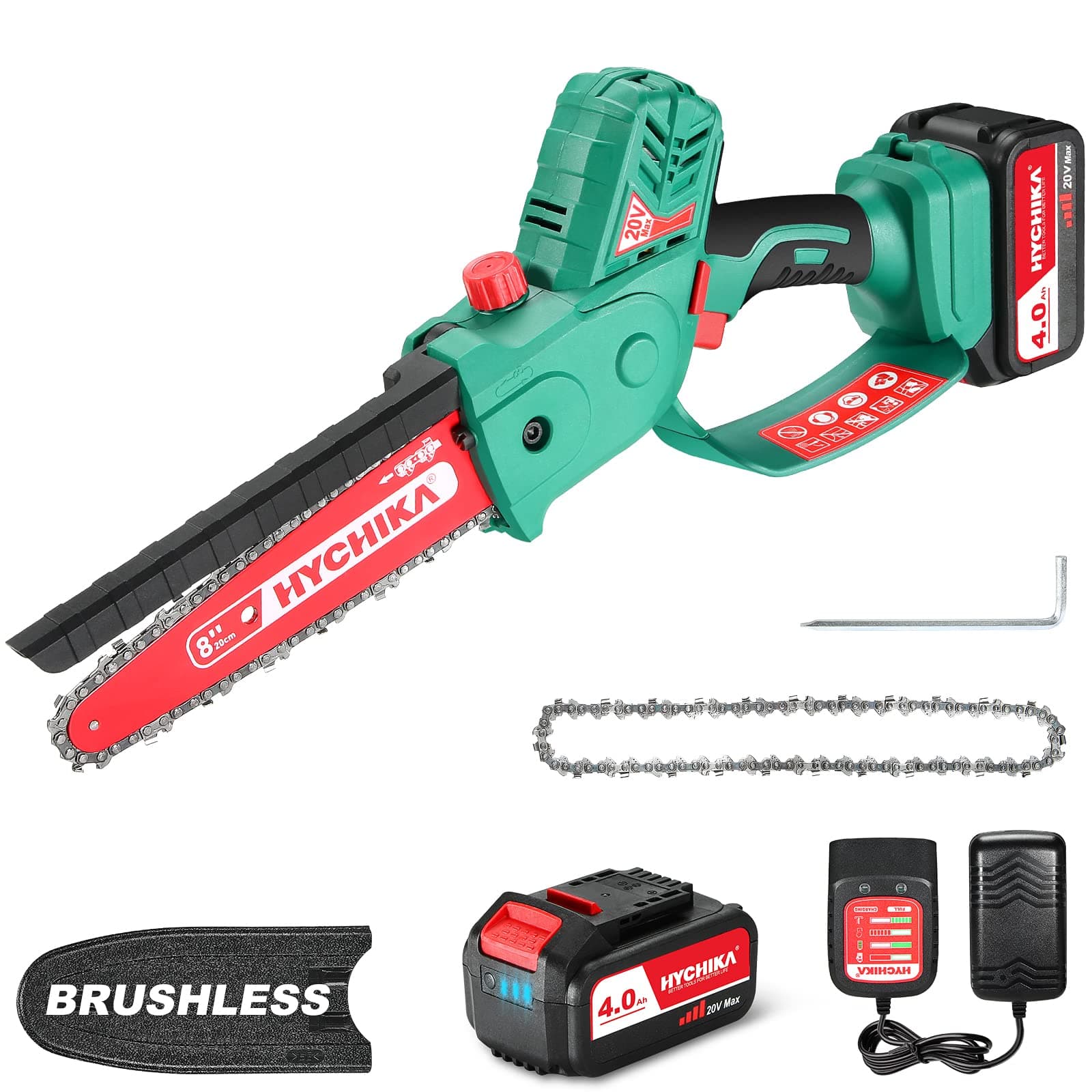 HYCHIKA Mini Chainsaw, 18V 8-inch Electric Brushless Chain Saw with Hand Guard, 4.0Ah Batteries, 2 Chain, Upgraded Handheld Chainsaw for Garden Branch Tree Cutting, Pruning