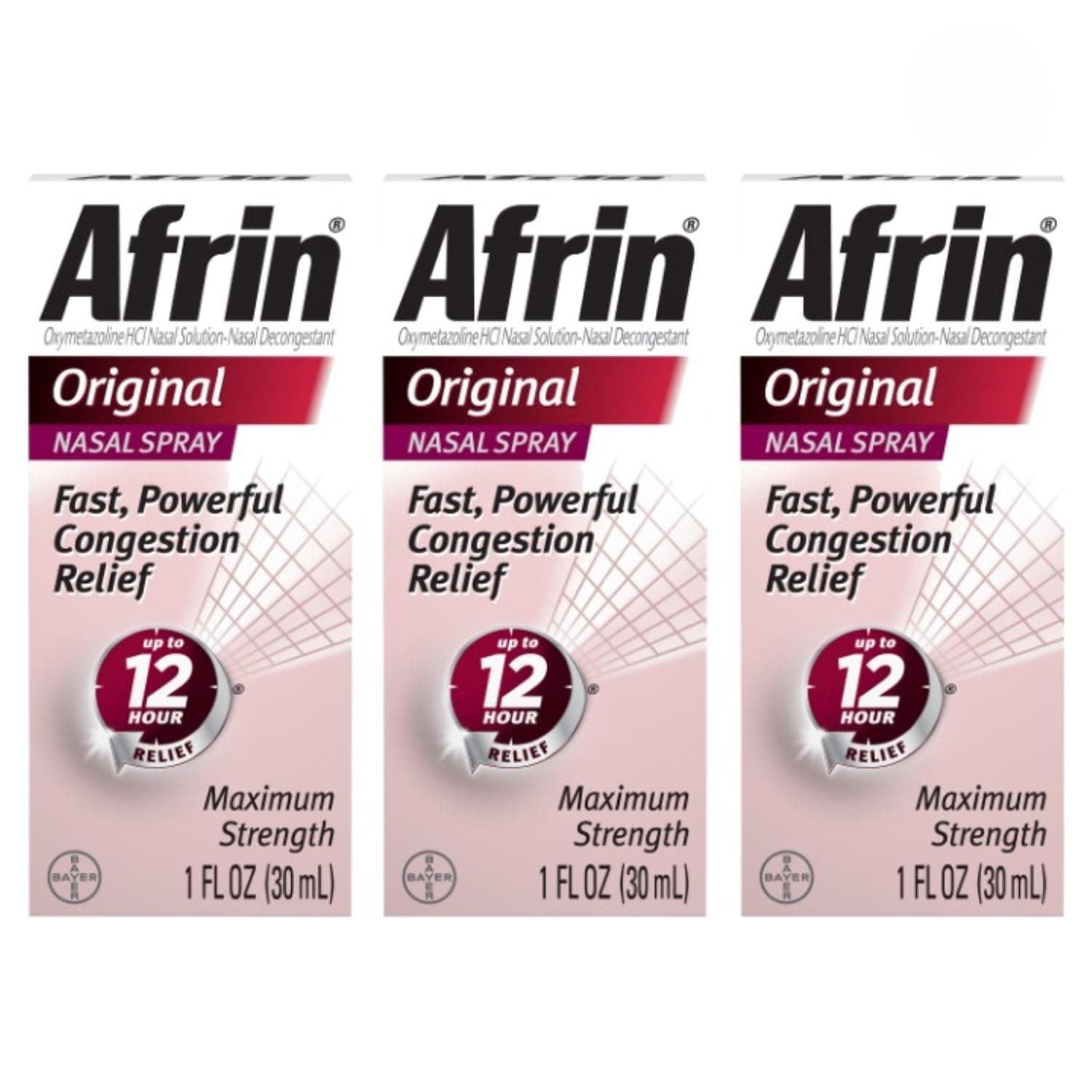Afrin Original Maximum Strength 12 Hour Nasal Congestion Relief Spray - 3 bottles, 1 FL OZ (30mL) each. Total 3 FL OZ (90 mL)