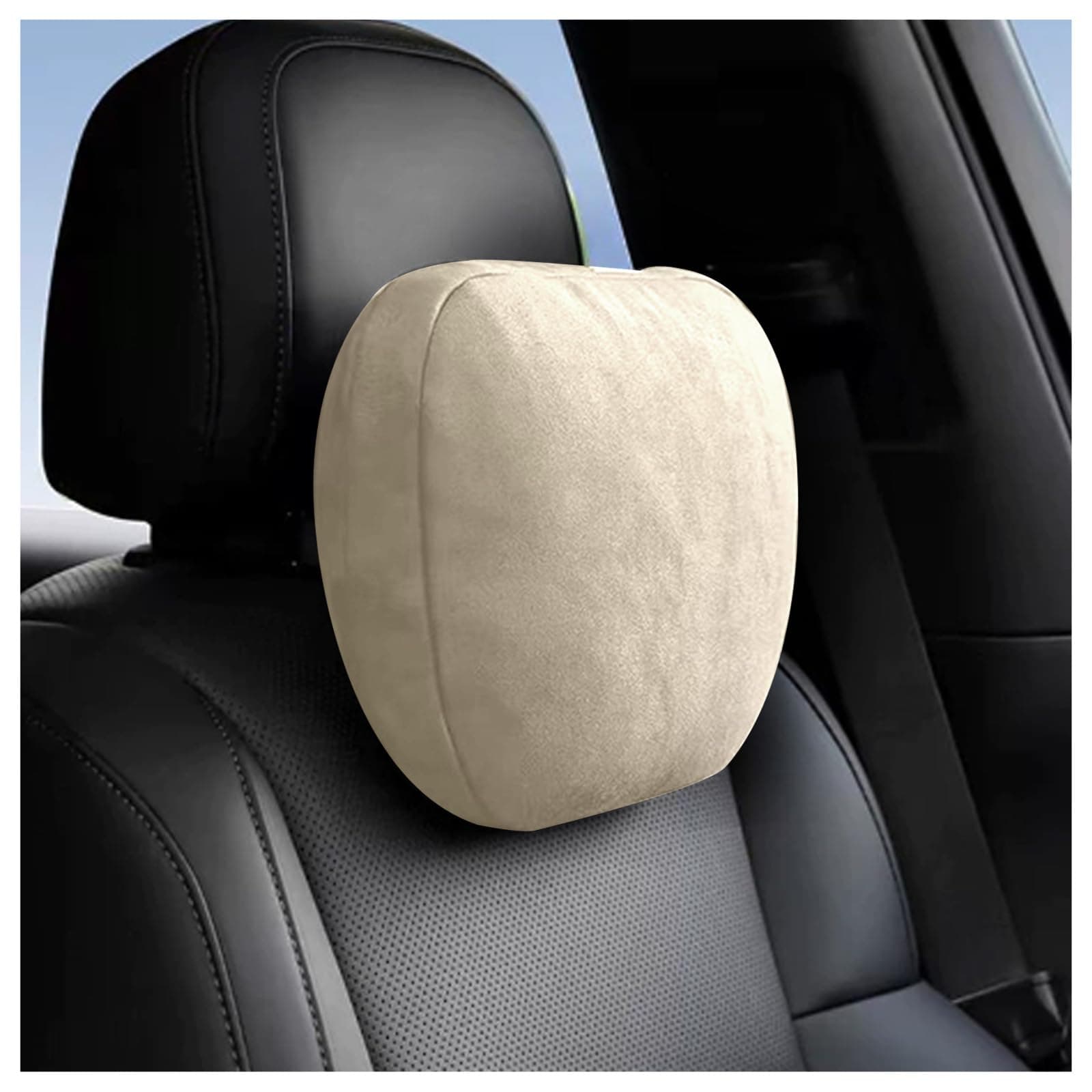 Junecarp Car Neck Pillow Soft Leather Headrest,Premium Interior Accessories Headrest Support for Driver or Front Passenger Seat,for Driving Home Office (Beige)