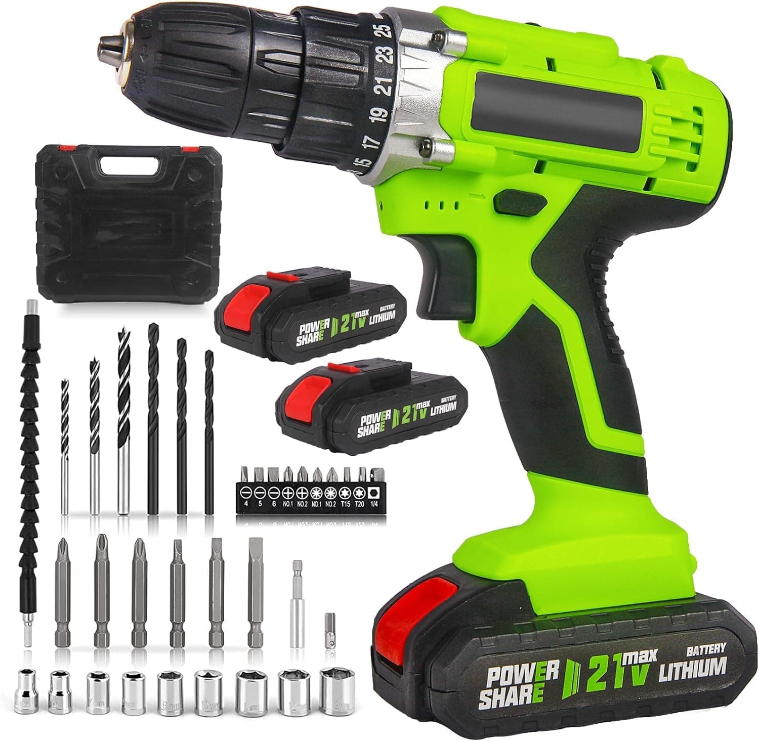 Prosight Cordless Drill Set, 21V Electric Drill with 2 Batteries & Charger, 3/8-Inch Keyless Chuck, 2 Variable Speed, 25+1 Torque Setting Power Tools Kit, 34pcs Drill/Driver Bits