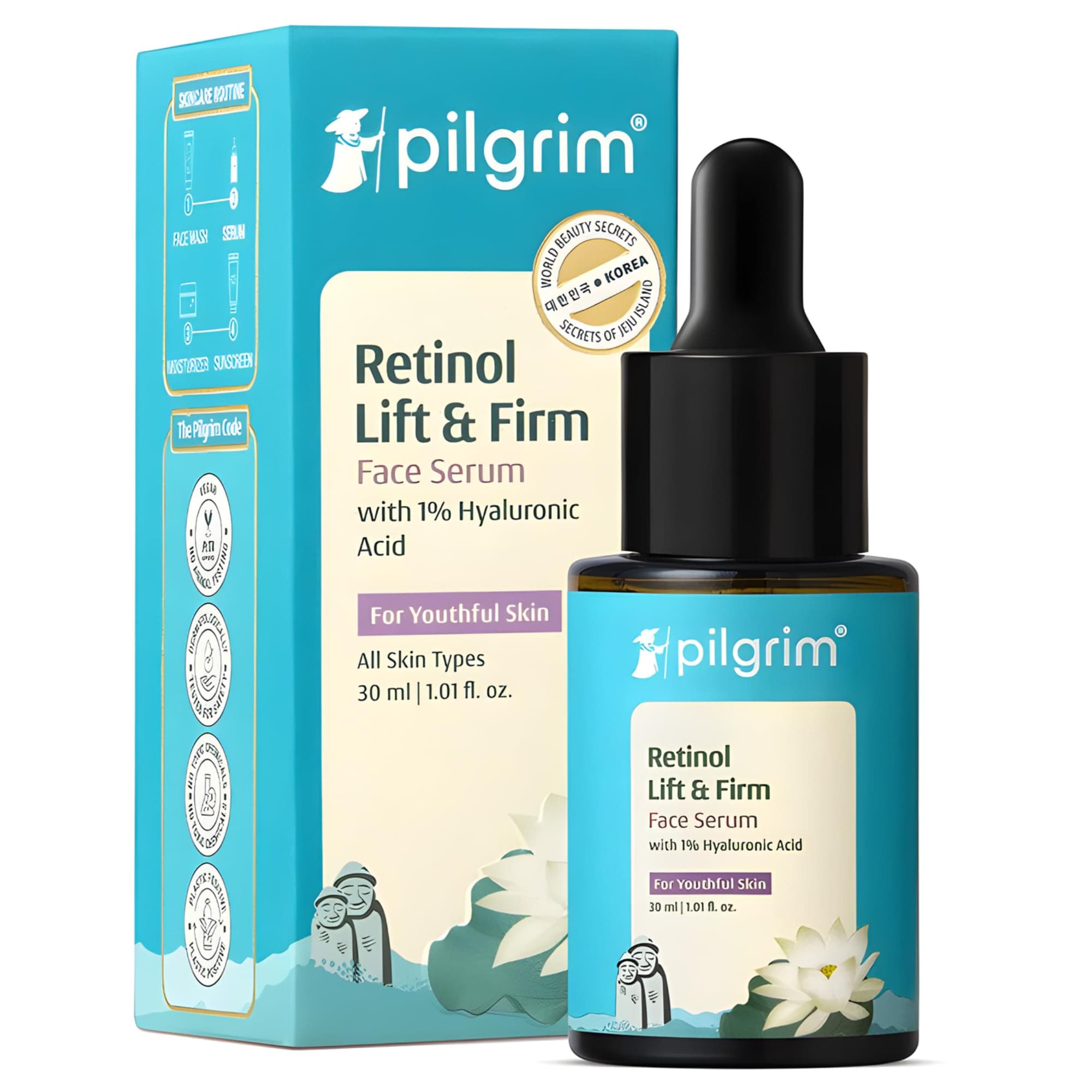 PILGRIM Korean 0.5% Retinol & 1% Hyaluronic Acid Lift & Firm Anti Aging Serum Retinol serum for face Reduce Fine Lines & Wrinkles for Men & Women All Skin Types 30ml