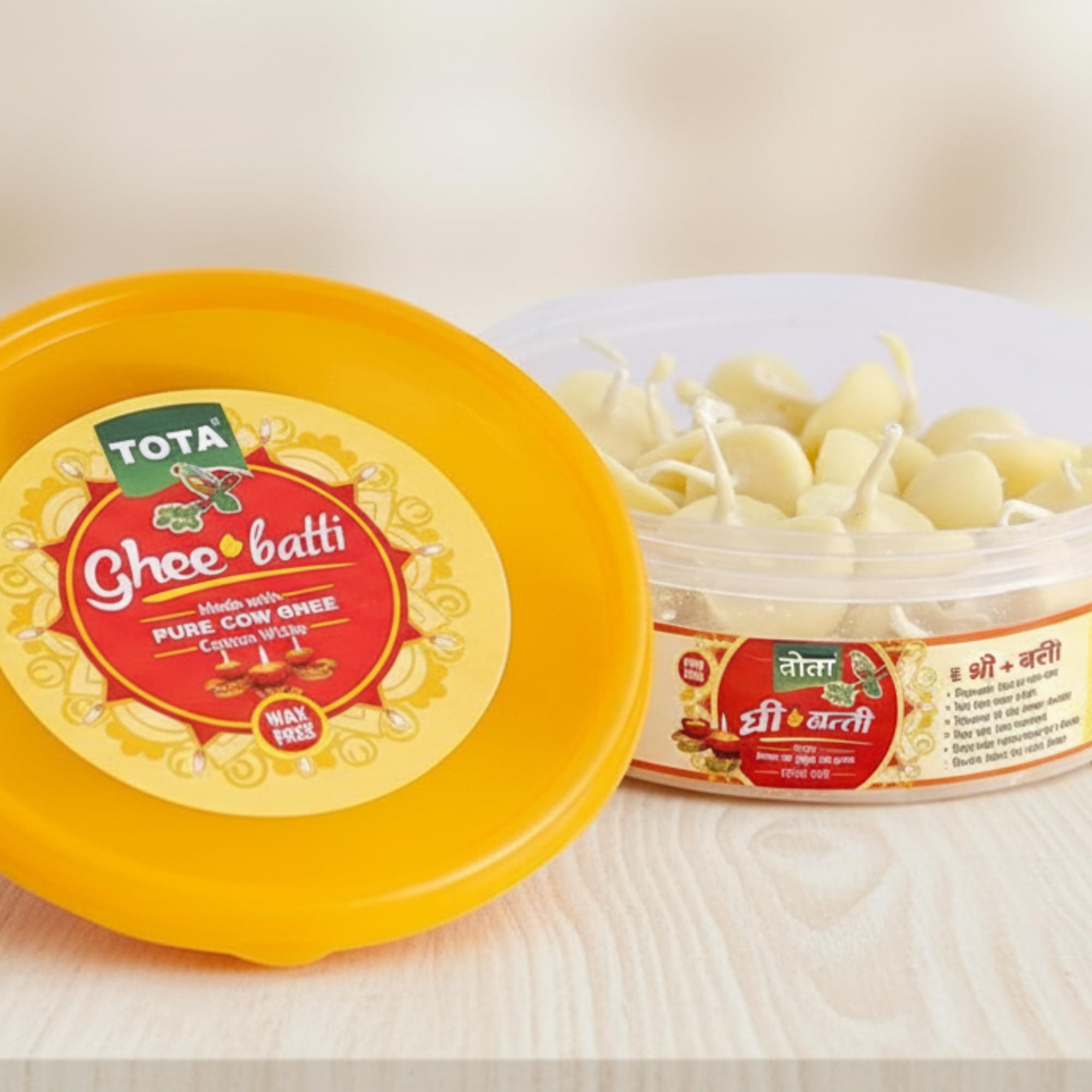 TOTA Wax Free Pure Cow Ghee Diya Cotton Wicks for Puja. Set of 50 Diya Batti for Pooja.