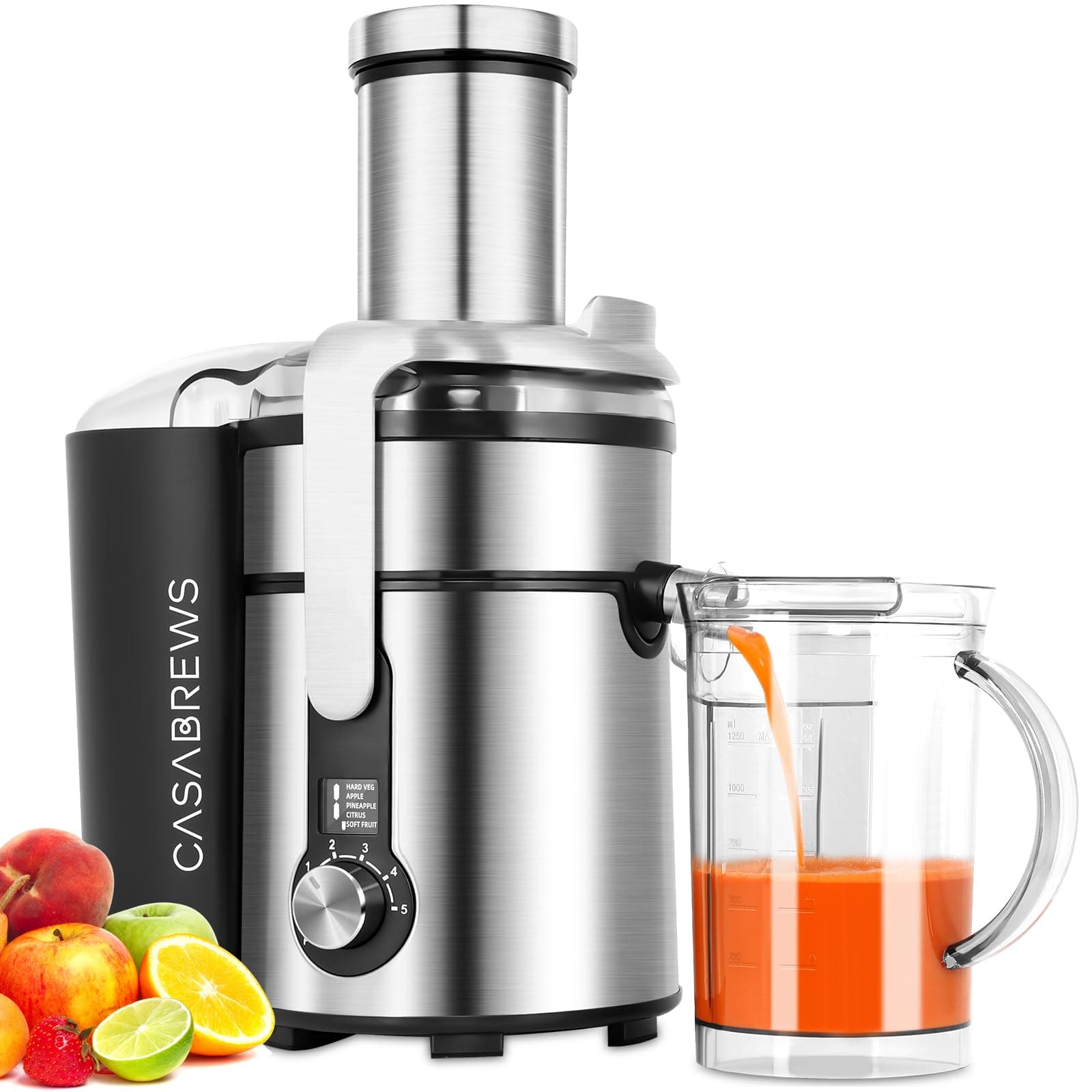 CASABREWS Juicer Machine, 1300W 5 Speeds Centrifugal Juicer Extractor with Large 3.2" Feed Chute for Whole Vegetables and Fruits, Stainless Steel, LCD Screen, Silver