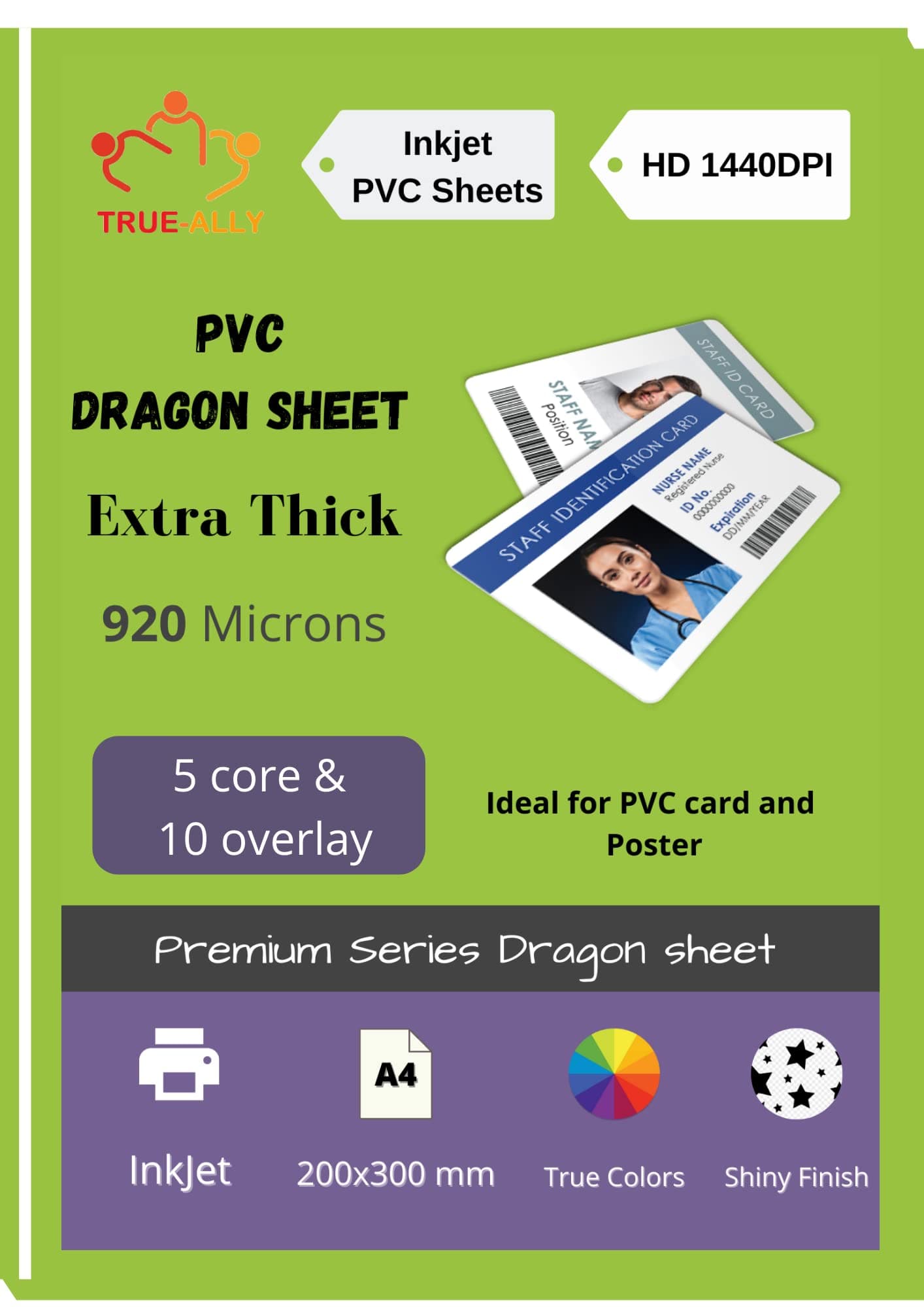 True-Ally Premium Extra thick PVC Lamination Dragon Sheet A4 Size 920 Micron for PVC Aadhar, Photos, ID card (Set of 5 Cores and 10 Overlays)