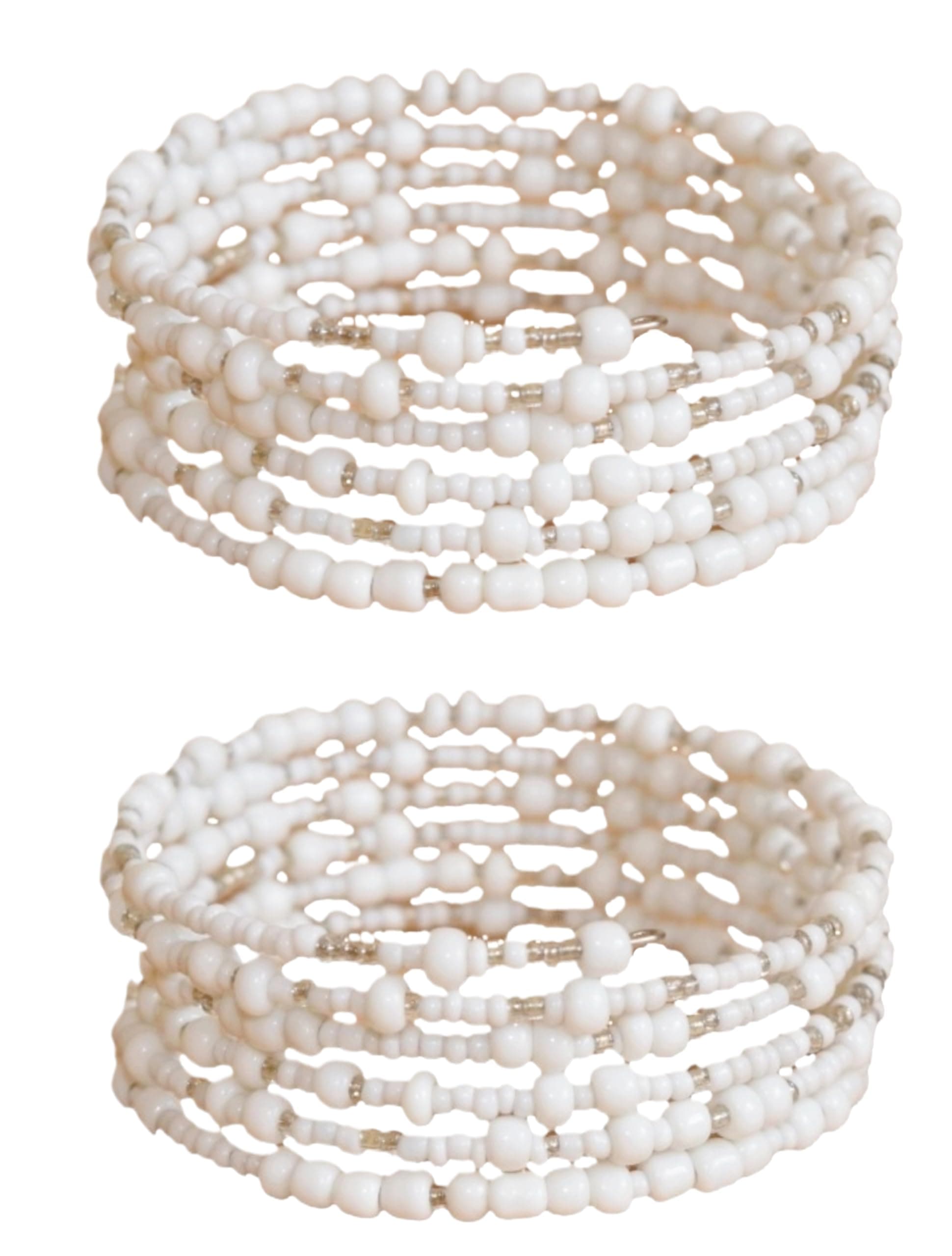 TEMBO AFRICA Set of 2 Handmade Beaded Bracelets for Women - Wrap Bracelets - Boho Jewelry Gifts - Summer Beach White