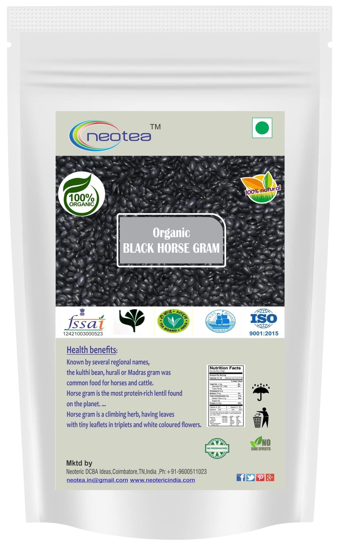 Neotea Organic Black Horse Gram (Karuppu Kollu) | Traditional Lentil | High in Protein & Fiber | Gluten-Free, Non-GMO | Versatile for Soups, Curries, and Stews | 500 GM