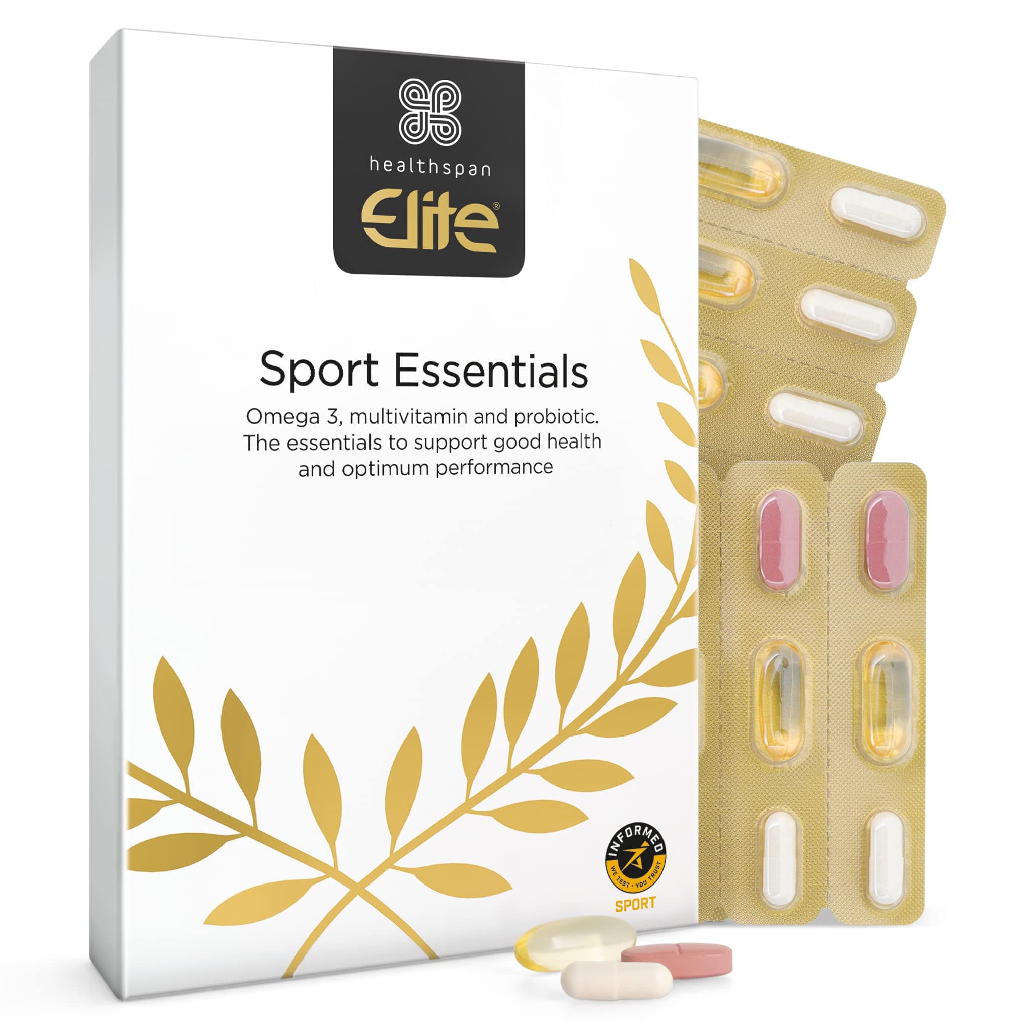 Healthspan Elite Sport Essentials Multivitamin | 28 Day Supply | All Blacks Official Partner | 3 Essential Supplements | A-Z Multivitamin | Probiotic | Omega 3 | Informed Sport Accredited