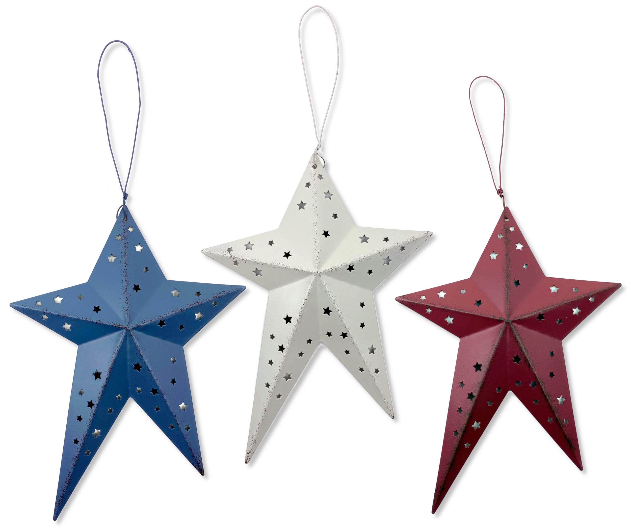 Country Americana Set of 3 American Flag Christmas Star Ornaments, USA Red, White, & Blue