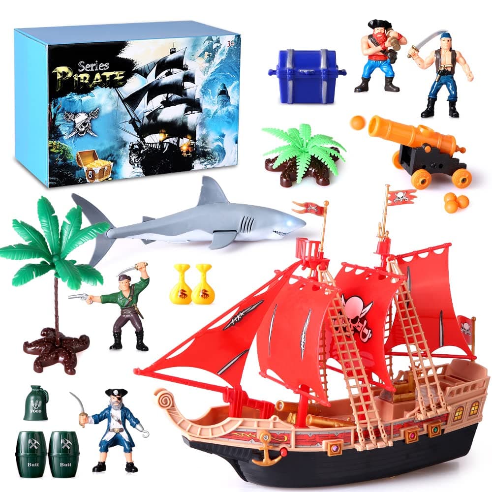 kramow Pirate Ship Action Figures Toys- Pirate Vessel Plastic Figures Play Set- Educational Learning Toys with Shark,Trees,Cannon,Boat and Other Accessories- Gifts for Kids Boys and Girls
