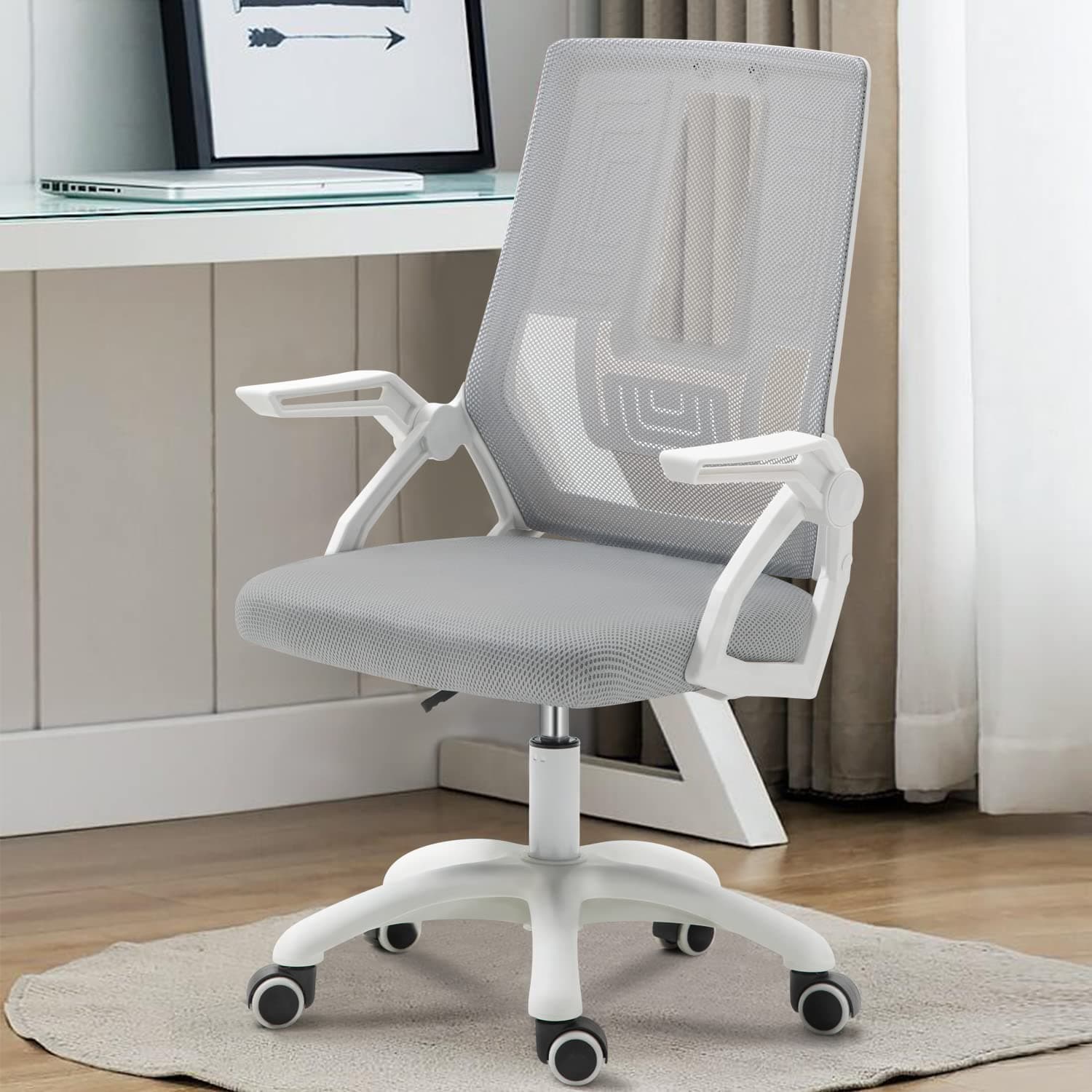 ECVV Office Chair, Ergonomic Desk Chair with Adjustable Height and Lumbar Support Swivel Computer Chair Flip up Armrests for Conference Room (grey)(ASSEMBLE)