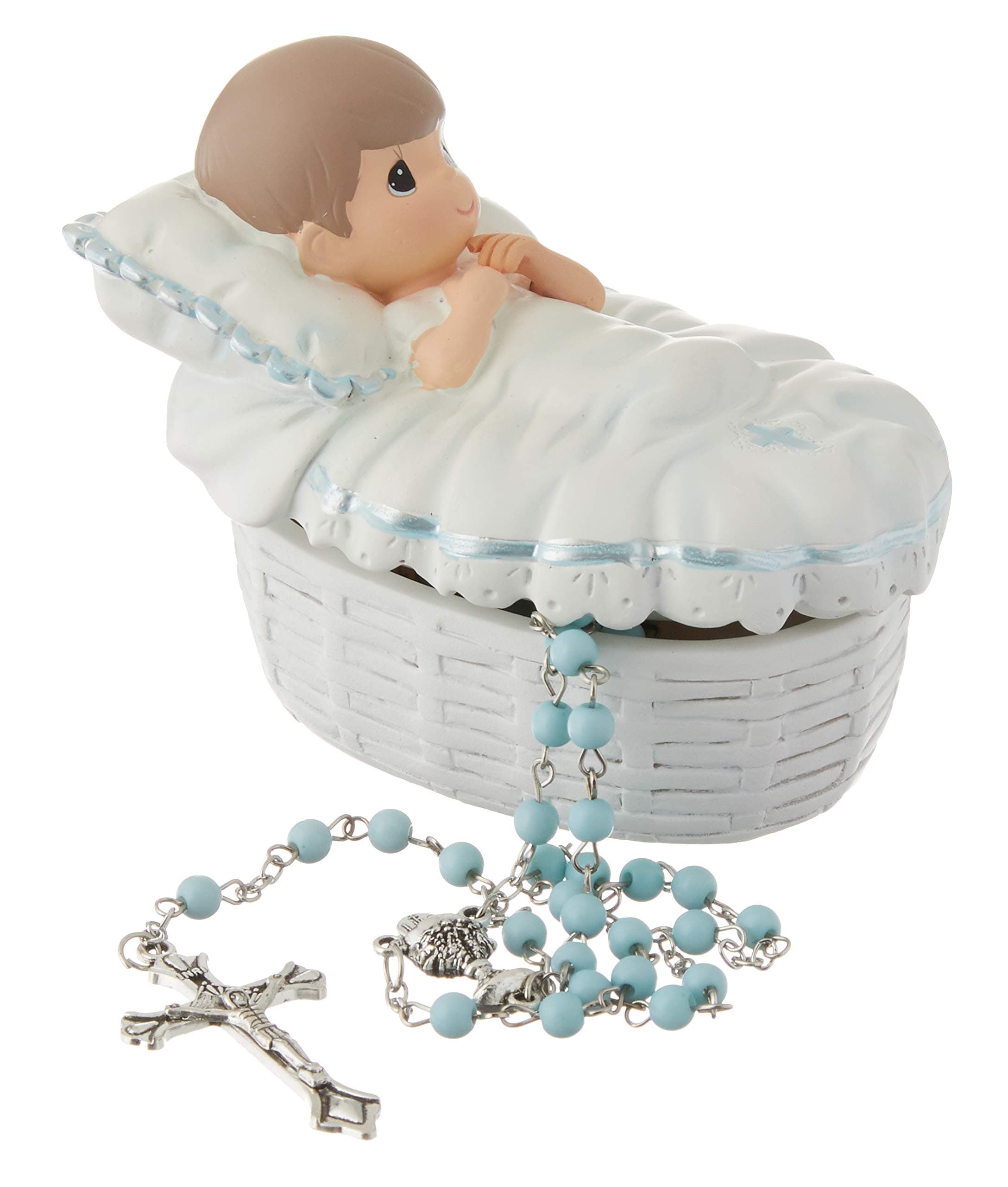 Baptism Gift, Boy's Resin Rosary Box with Hand-Painted Details, Perfect Keepsake, 153409