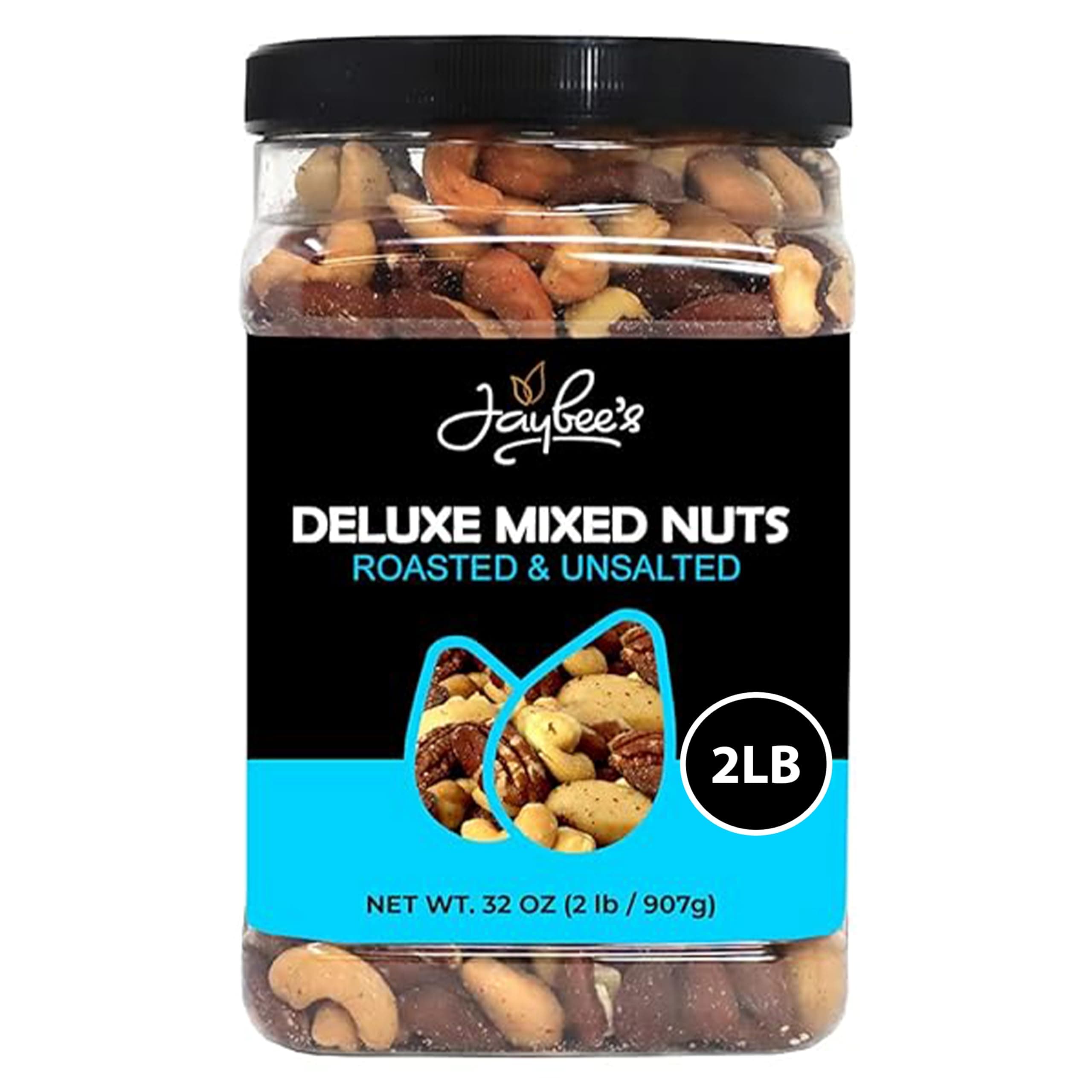 Jaybee’s Unsalted Mixed Nuts | 32 oz | Gourmet Roasted Deluxe Nut Mix with Cashews, Almonds, Pecans, Hazelnuts, Brazil Nuts (No Peanuts) | Keto, Vegan Friendly, Kosher, Healthy Snacks