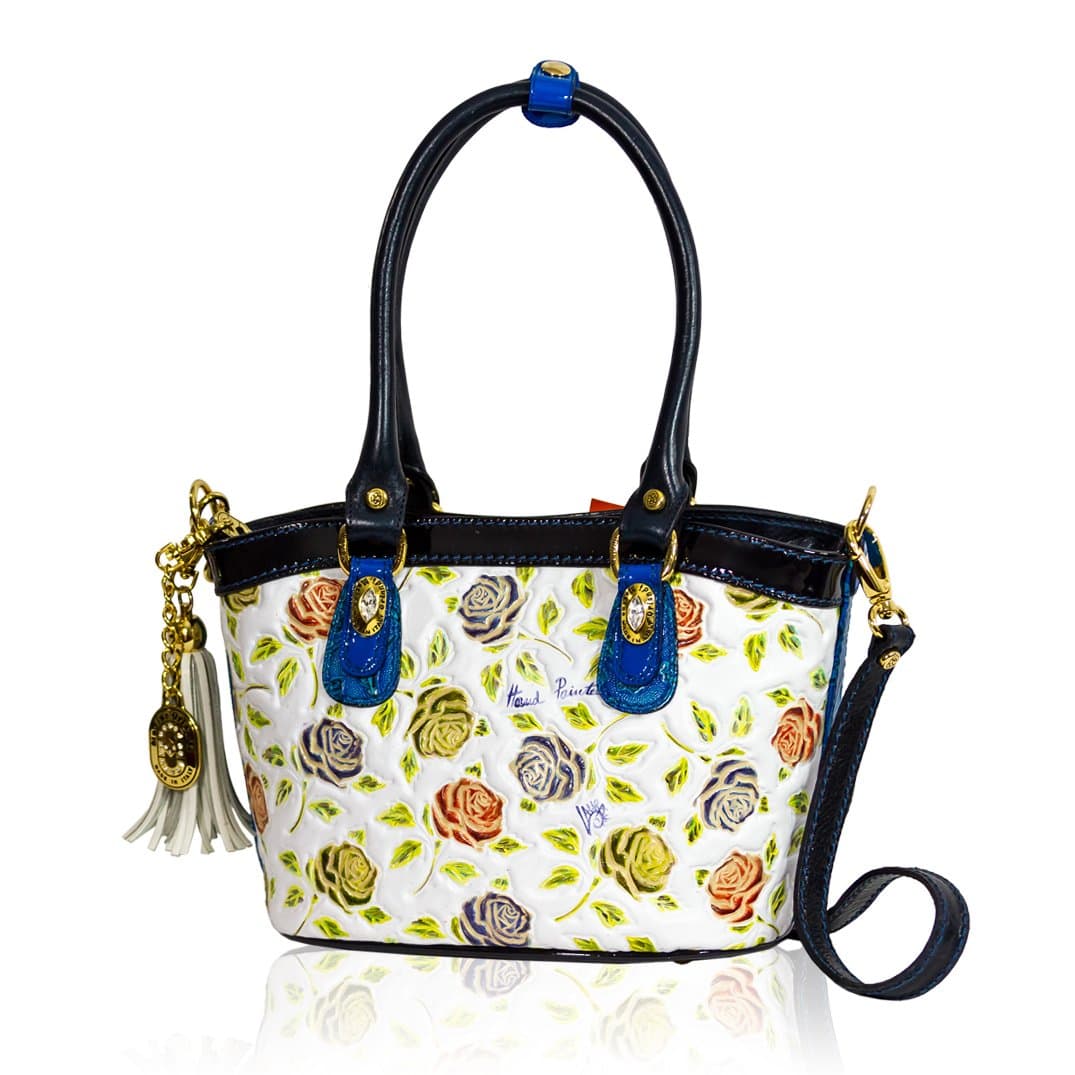 Italian Designer Handpainted Roses White Leather Purse Crossbody Bag