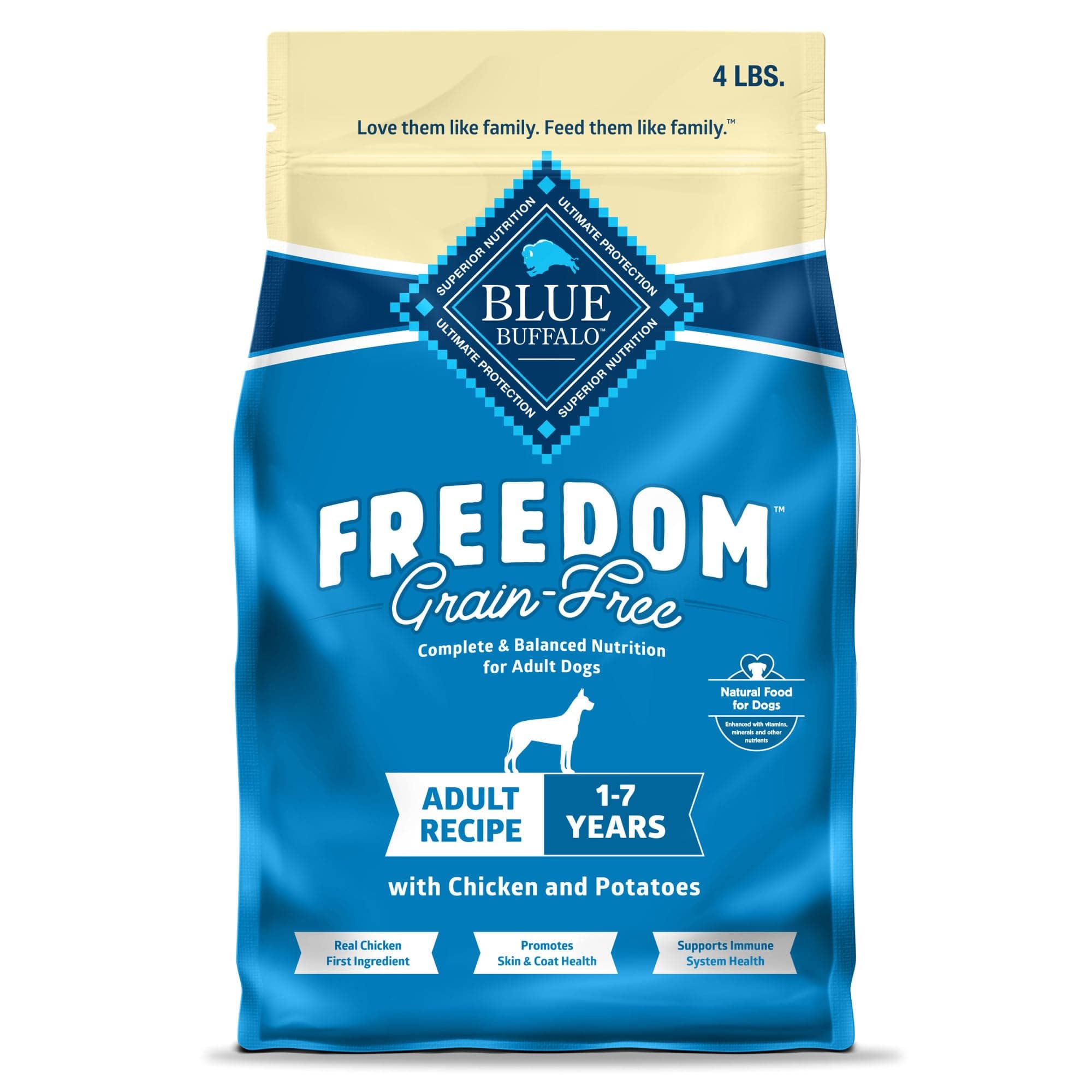 Blue Buffalo Freedom Grain-Free Dry Dog Food, Complete & Balanced Nutrition for Adult Dogs, Made in the USA With Natural Ingredients, Chicken & Potatoes, 4-lb Bag