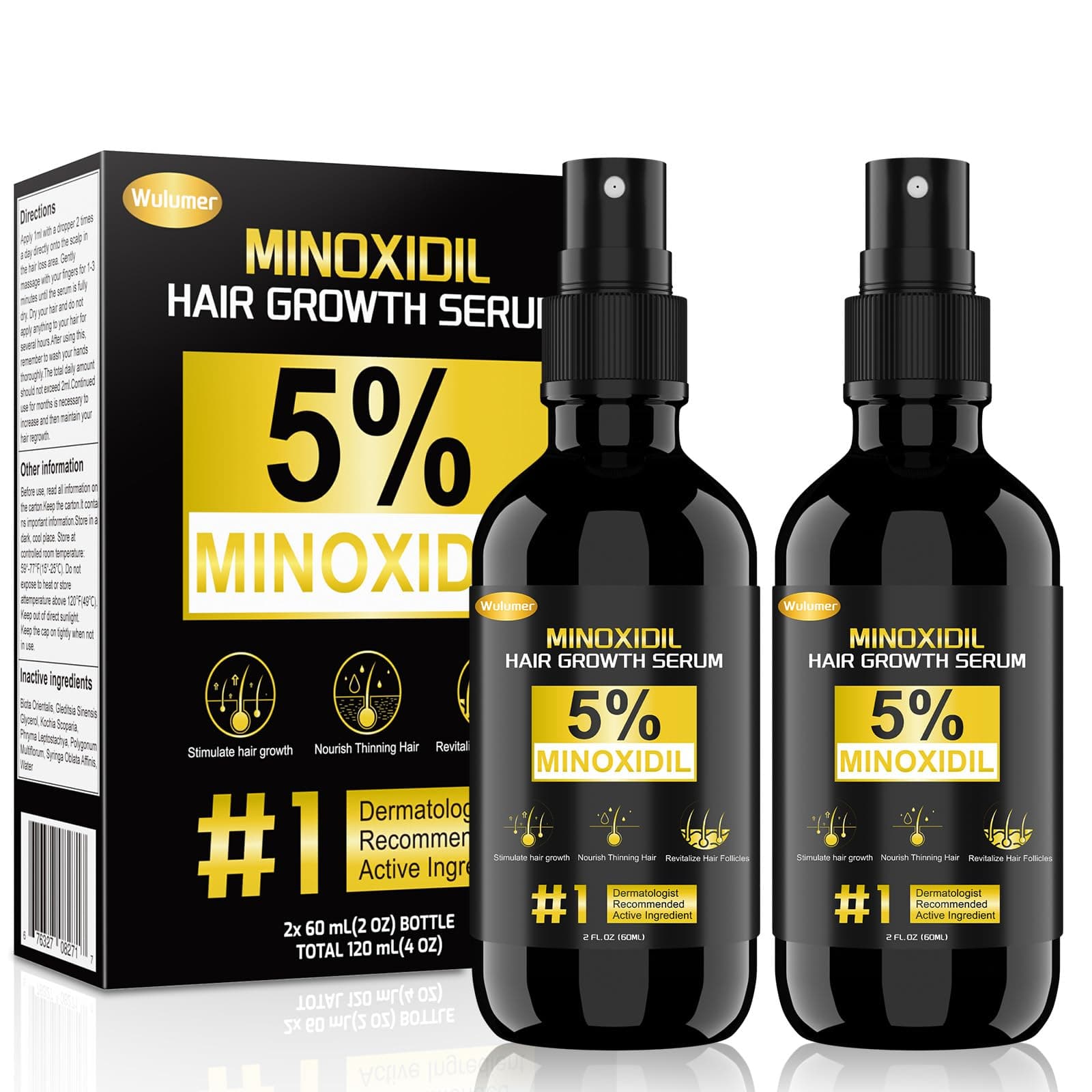 Hair Growth Serum, 5% Minoxidil for Men and Women, Minoxidil 5 Percent, Hair Regrowth Treatment for Thicker Fuller Hair, Minoxidil for hair Growth, 2 Pack, 120ML