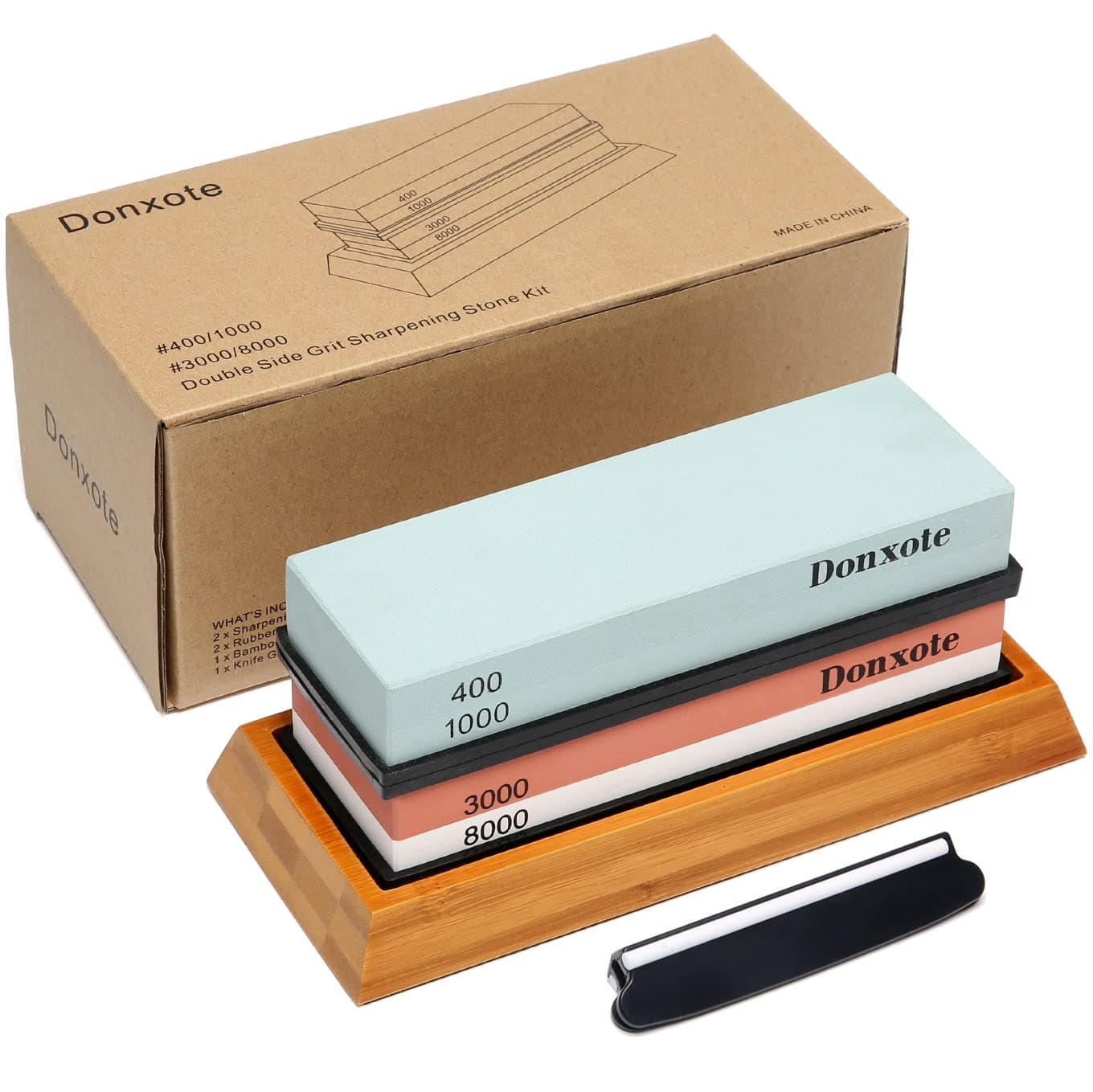Donxote Knife Sharpening Stone, 400/1000 3000/8000 Double Side Grit Waterstone, Professional Chef Whetstone Sharpener, NonSlip Bamboo Base & Angle Guide Multicolor
