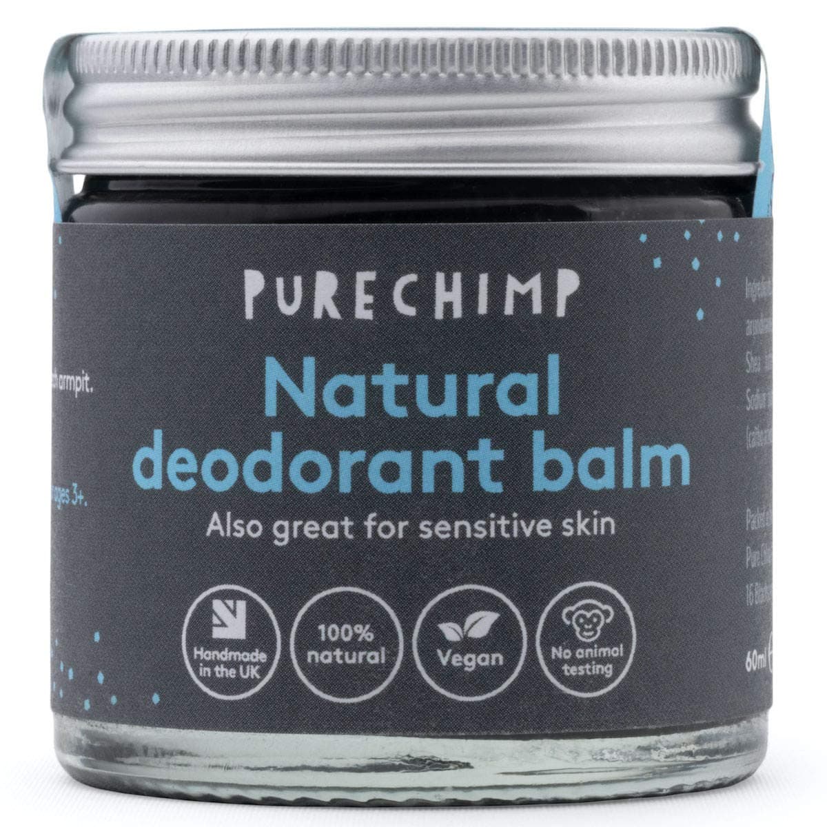 Natural Deodorant Balm 60ml by PureChimp - Recyclable Glass + Aluminium Lid - Activated Charcoal - Vegan - Alcohol & Palm Oil Free For Sensitive Skin (60ml)