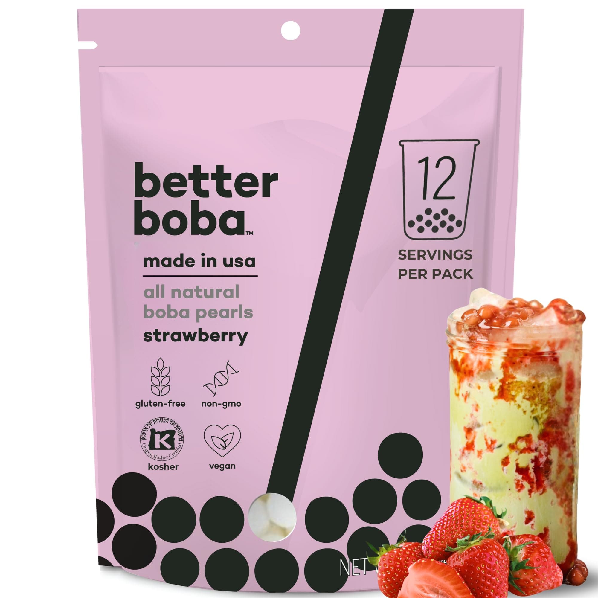 Better Boba All-Natural Strawberry Boba Pearls | Vegan, Gluten-Free, Non-GMO, Kosher Boba for Bubble Tea, Desserts | 8 Oz Pack (12 Servings) | No Preservatives Tapioca Pearls | Made in USA