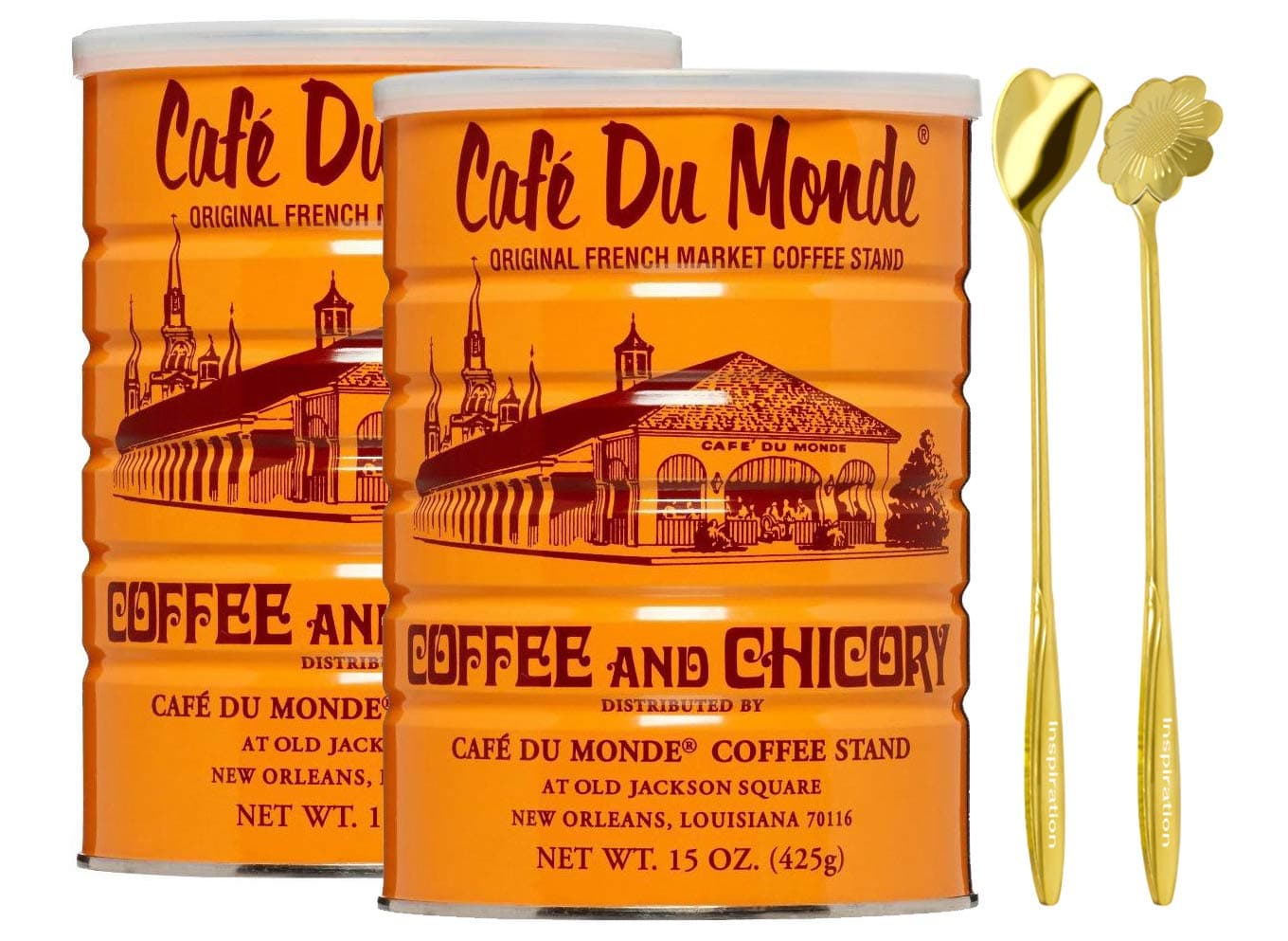 Cafe Du Monde Ground Original French Chicory Roast Chocolate-like Coffee SET 2 PACKS with 2 Stainless Steel Mixing Stirring Spoon | Coffee Stirrers
