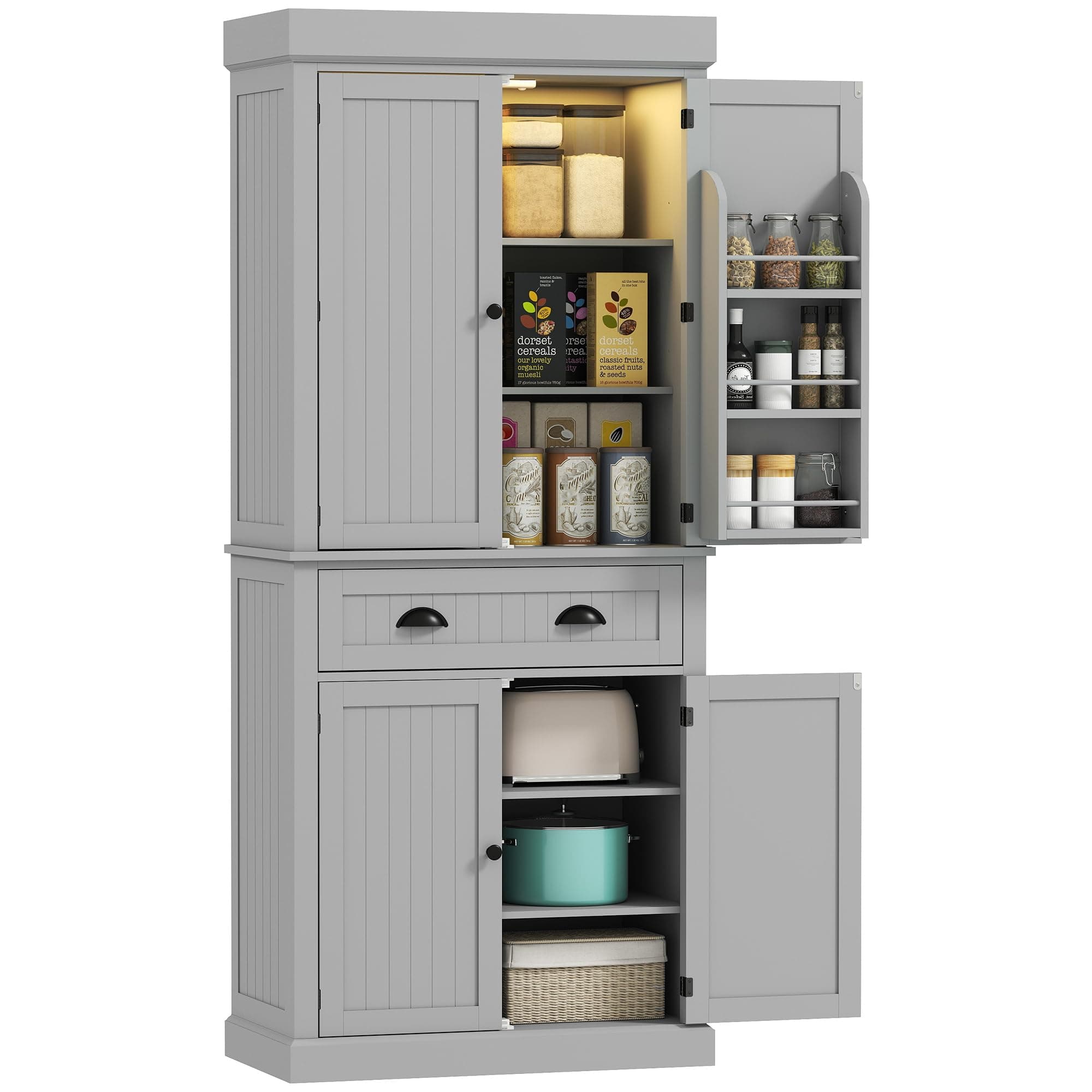 HOMCOM 71" Kitchen Pantry Cabinet with LED Motion Sensor Light, Tall Storage Cabinet with 6 Door Shelves, Drawer & Adjustable Shelves, for Living & Dining Room, Gray