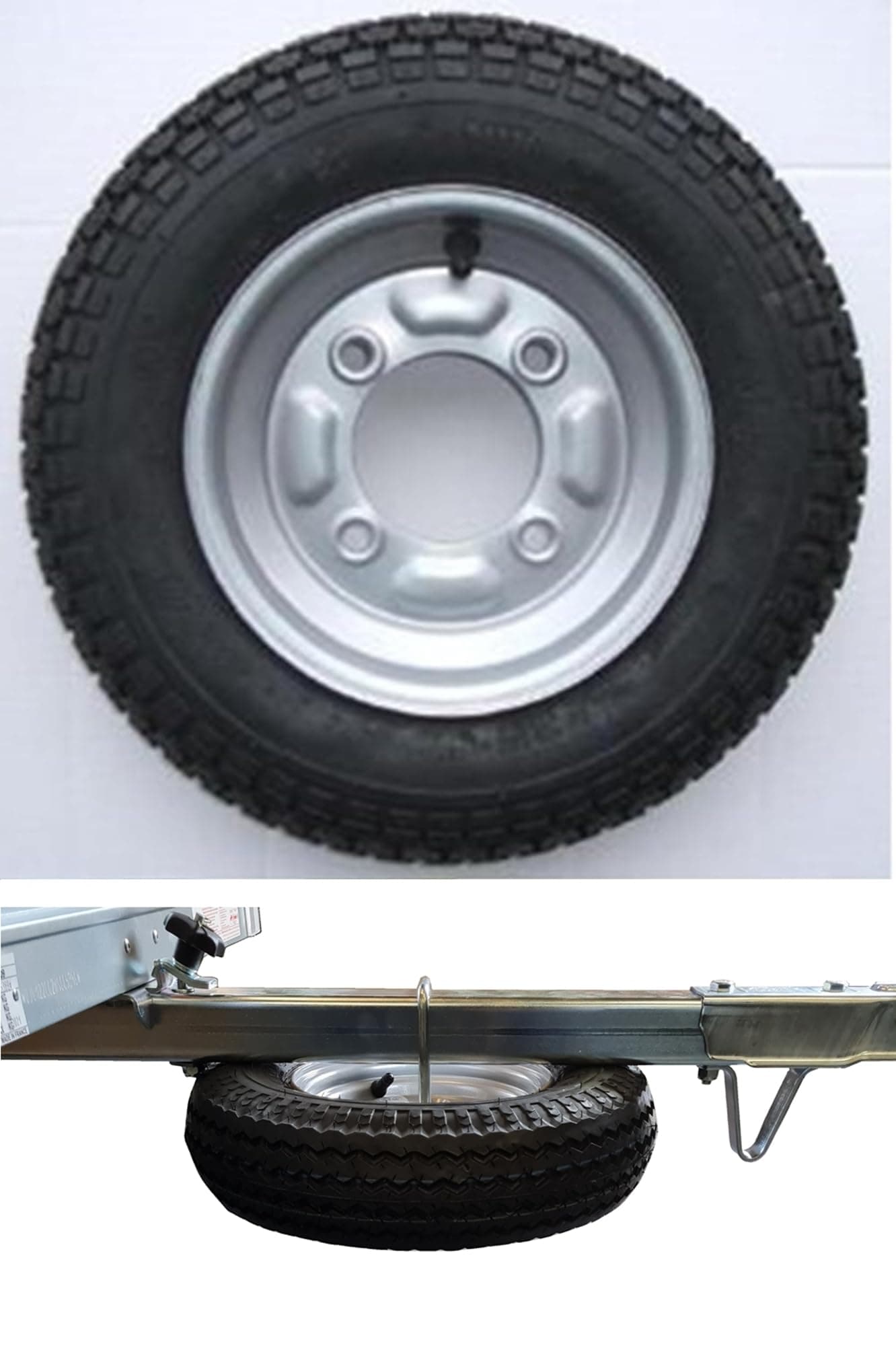 3.50 x 8 inch trailer wheel and tyre with 4 ply tyre and 115mm PCD. To fit trailers Erde 102 & Maypole 6810 complete with SPARE WHEEL CARRIER Pt no. LMX1752 PLEASE CHECK YOUR PCD