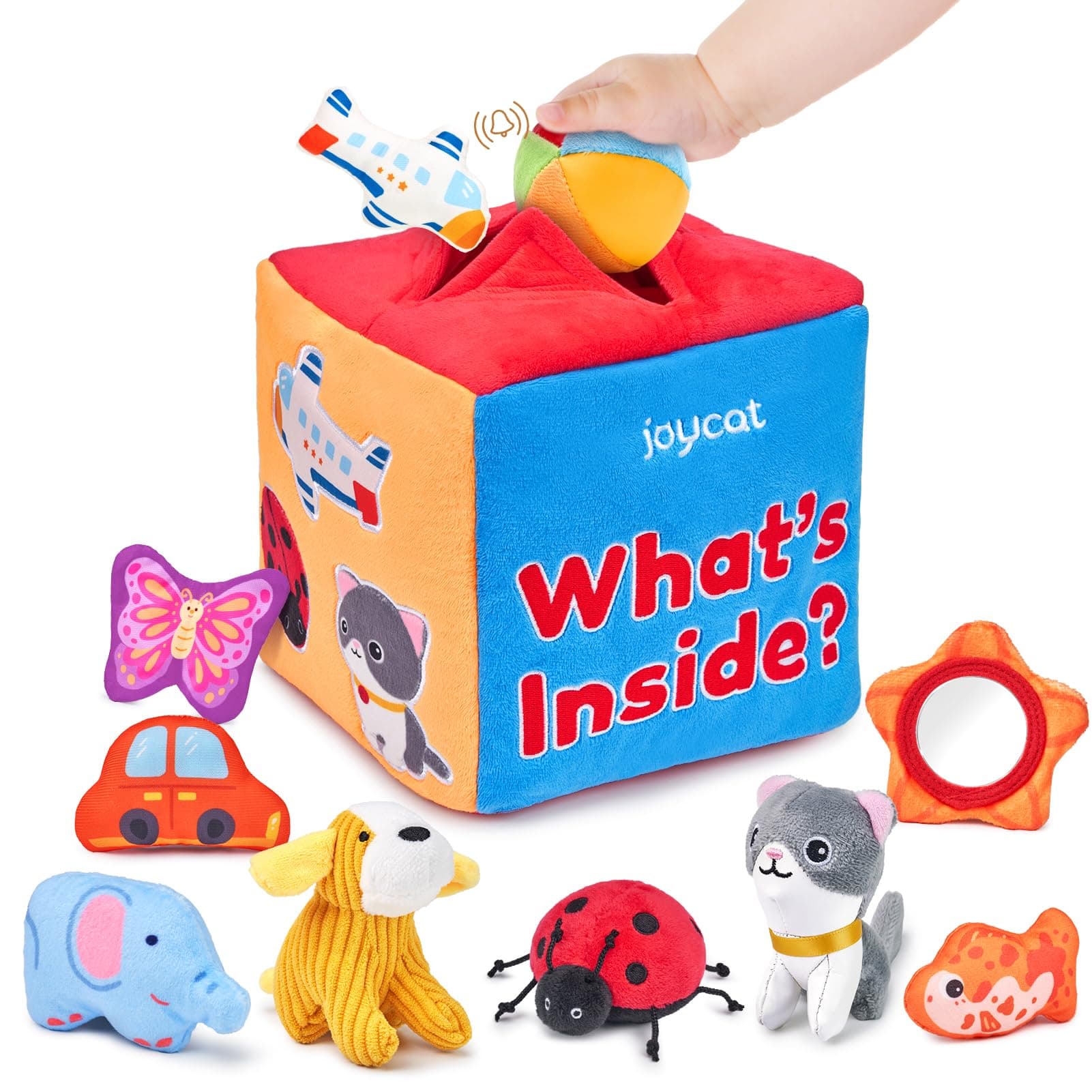 JoyCat Baby Toys 6-12 Months - Mystery Soft Box with 10 Sensory Objects, Rattle, Crinkle Paper, Mirror - What's Inside Box Infant Gifts, Busy Montessori Toys for Babies Toddlers 1-2 - Baby Gifts