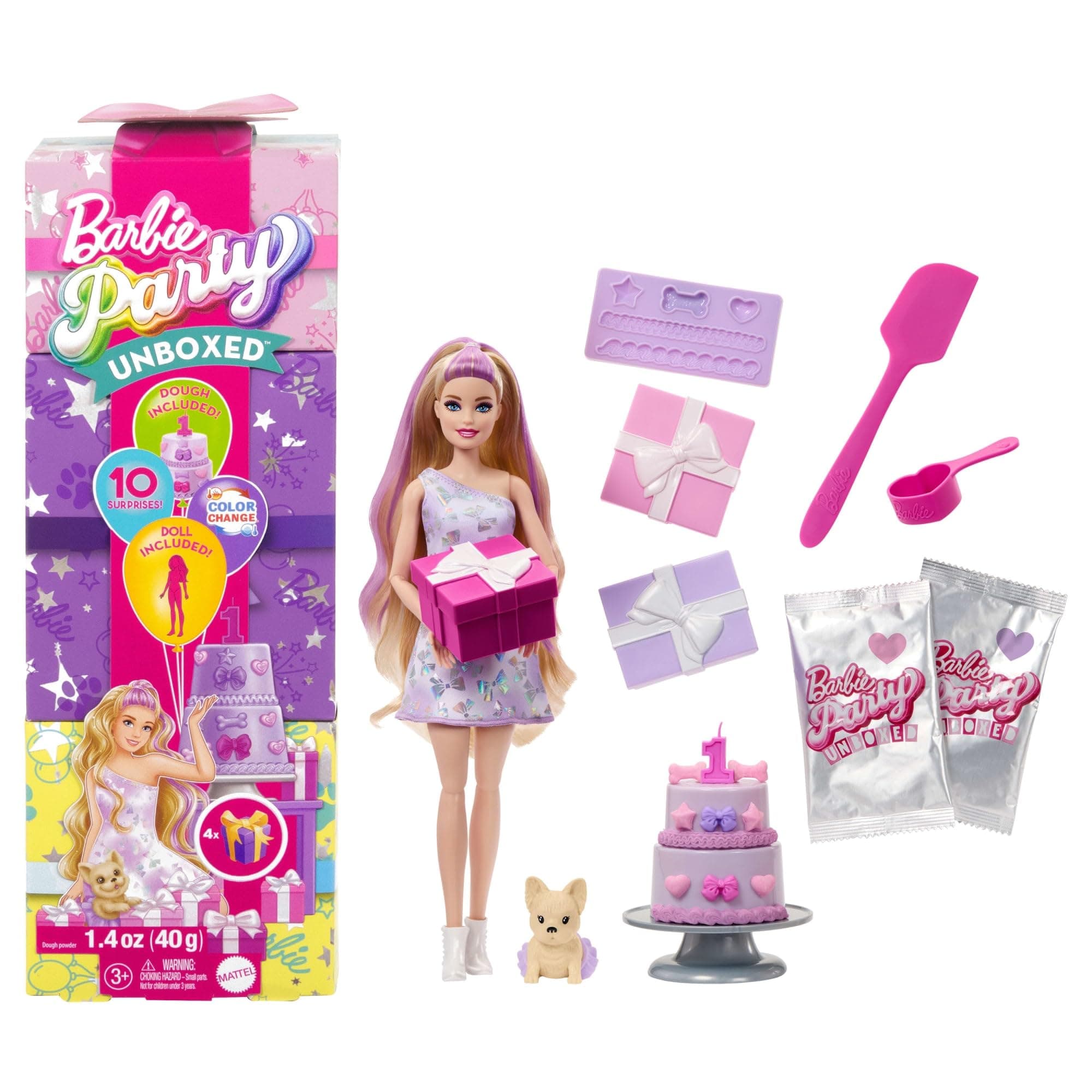 Barbie Party Unboxed Doll & Accessories, Pet Birthday Series Birthday Bows Set with 10 Surprises Including Color Change & Cake-Decorating Activity