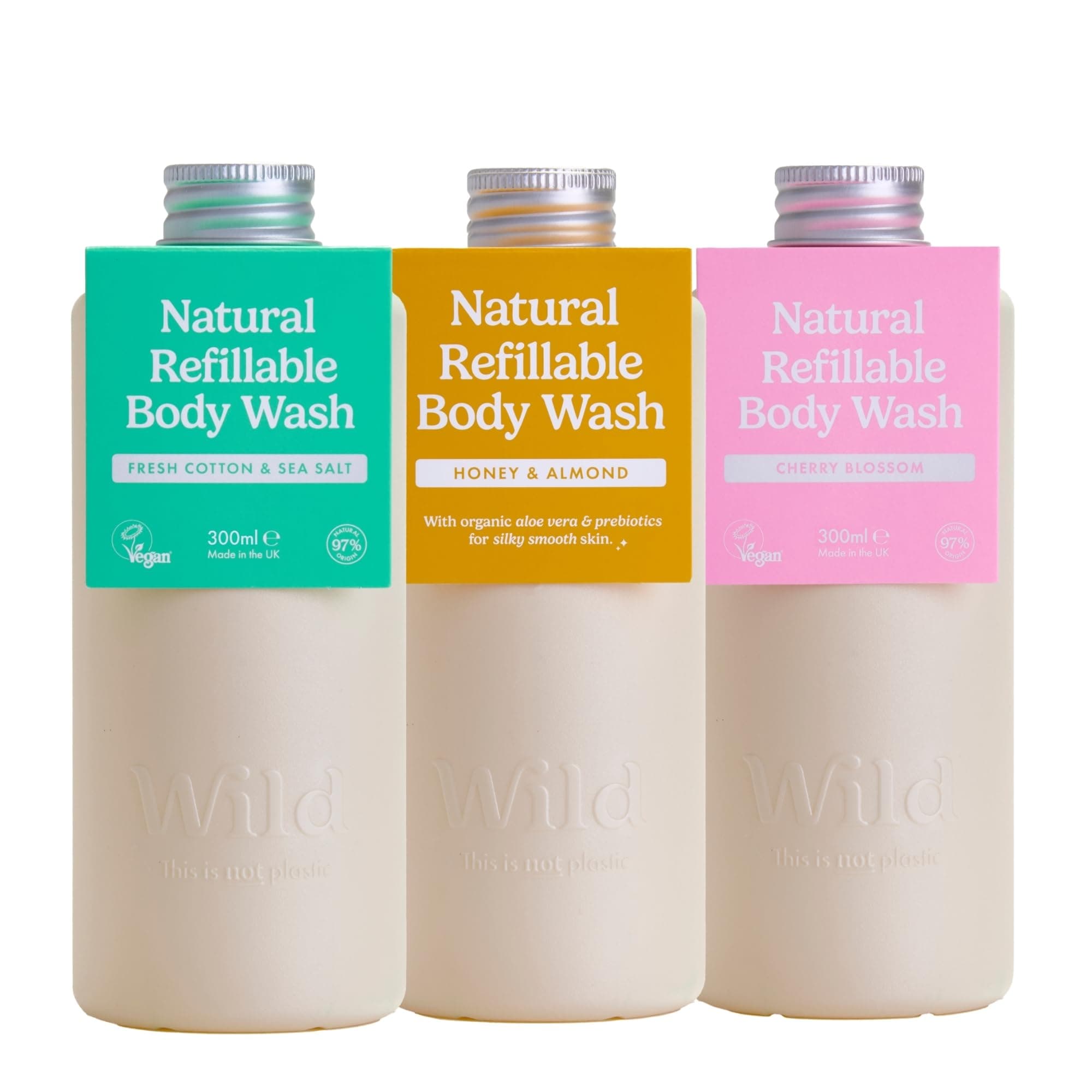 WildNatural Refillable Body Wash 300ml - 3 Pack of Shower Gel Refills in a Variety of Scents - Includes Honey & Almond, Fresh Cotton & Sea Salt and Cherry Blossom Scents