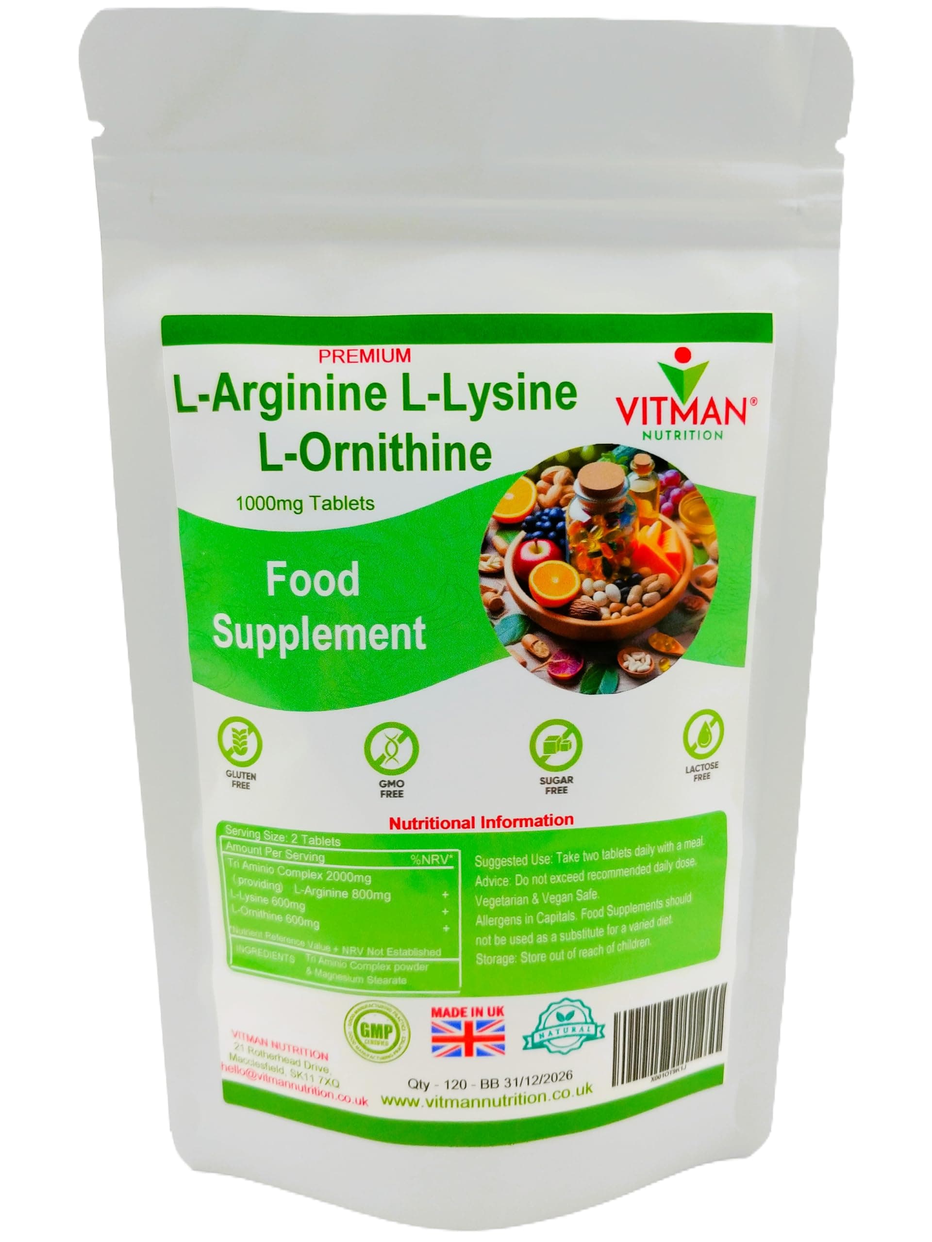 L-Arginine L-Lysine L-Ornithine Tablets - Synergistic Amino Acid Complex 120 x 800mg Pills - Health Supplement Bodybuilder Gym Muscle Mass Support - Promotes Optimal Assimilation & Absorption (120)