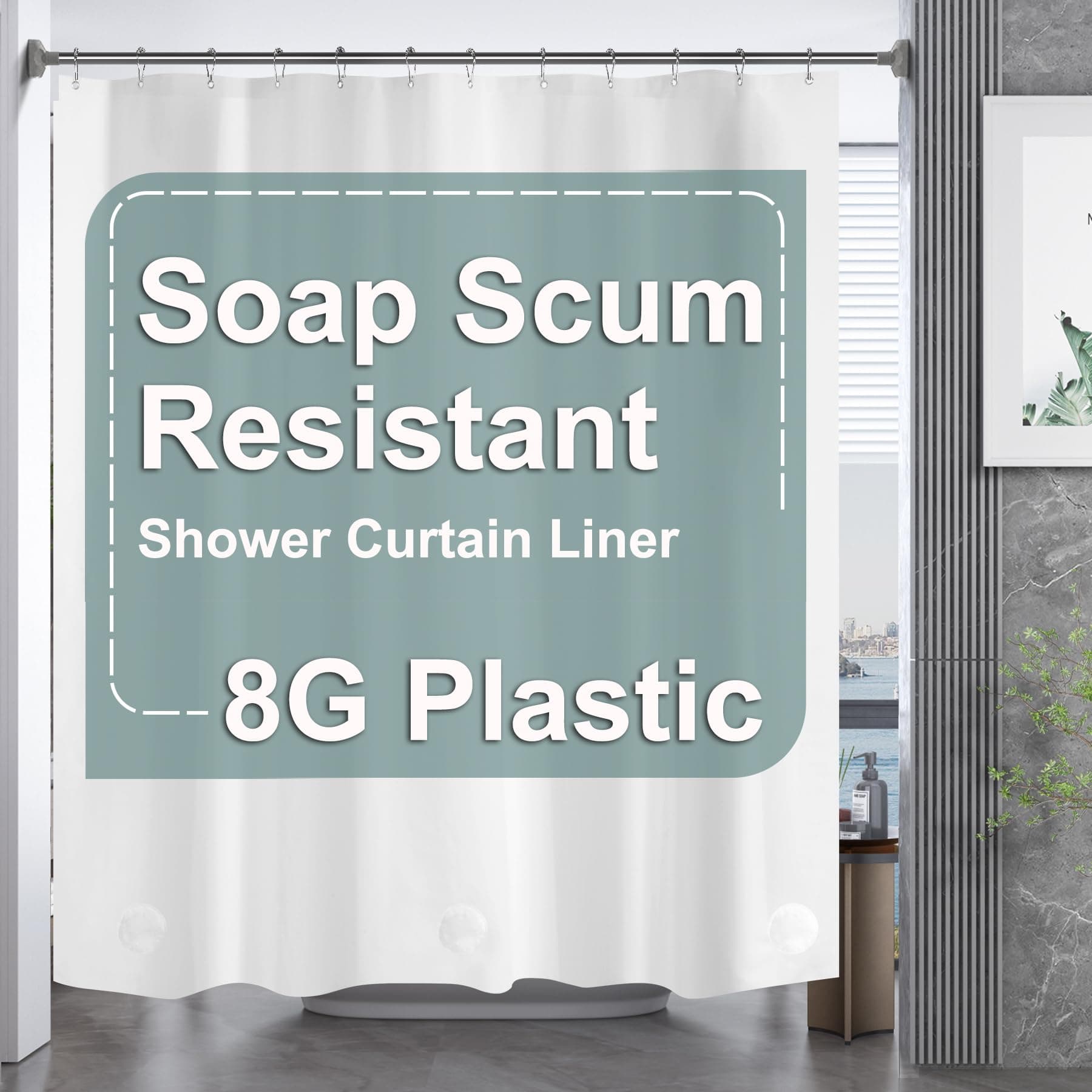 White Shower Curtain Plastic 72x72 Inches, Thick PEVA Shower Curtain Waterproof, Heavy Duty Shower Curtains for Bathroom with 3 Big Clear Weighted Stones and 12 Rustproof Grommets