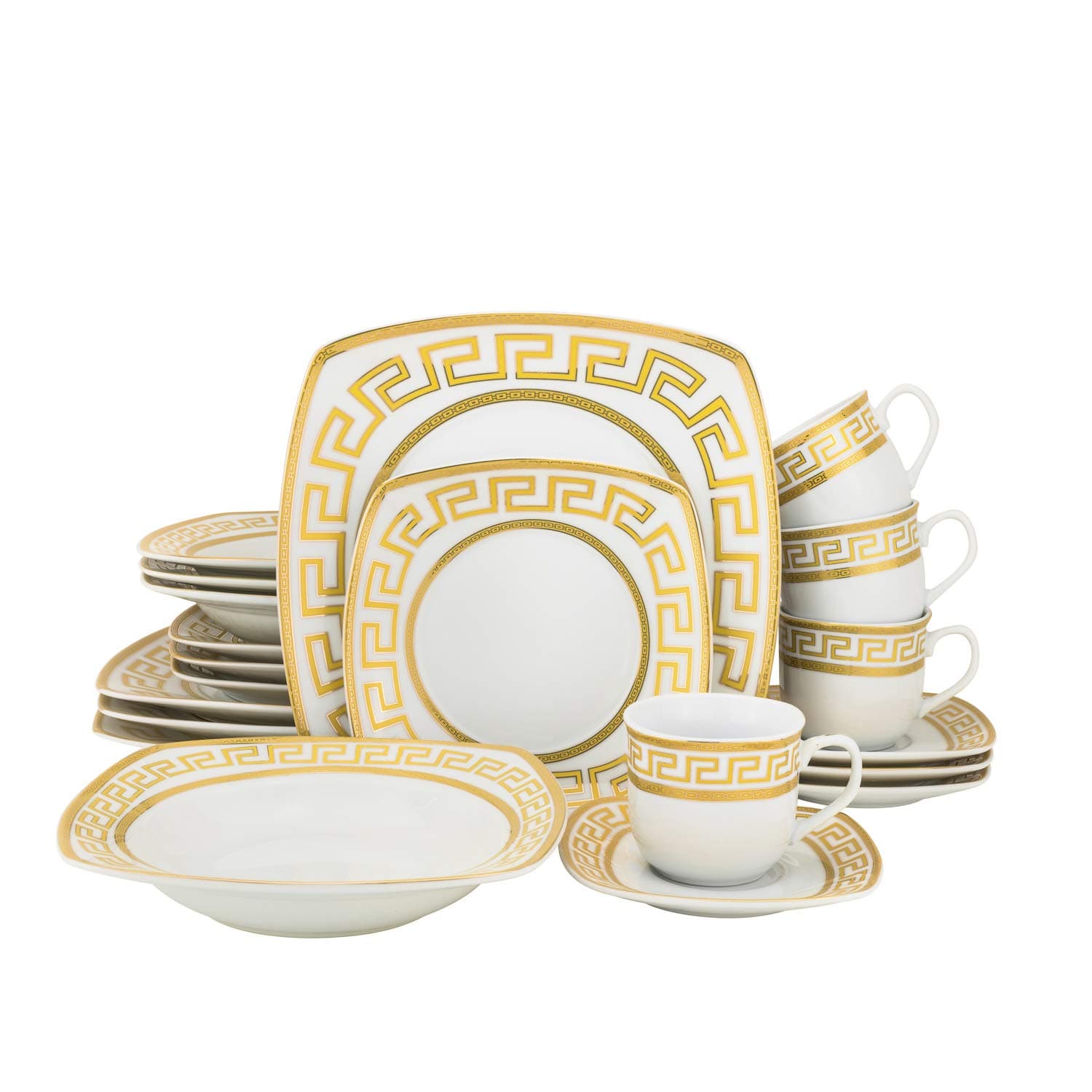 Euro Porcelain 20-pc. Dinnerware Set w/Gold Greek Key Pattern & 24K Ornament, HQ Dining Service for 4