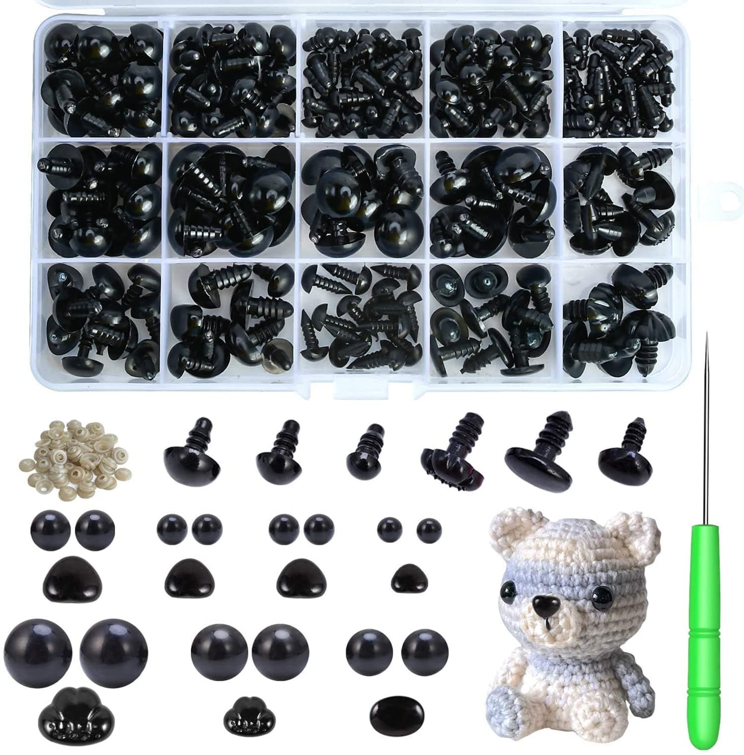 ELECDON Safety Eyes and Noses, 462Pcs Black Plastic Stuffed Crochet Eyes with Washers for Crafts