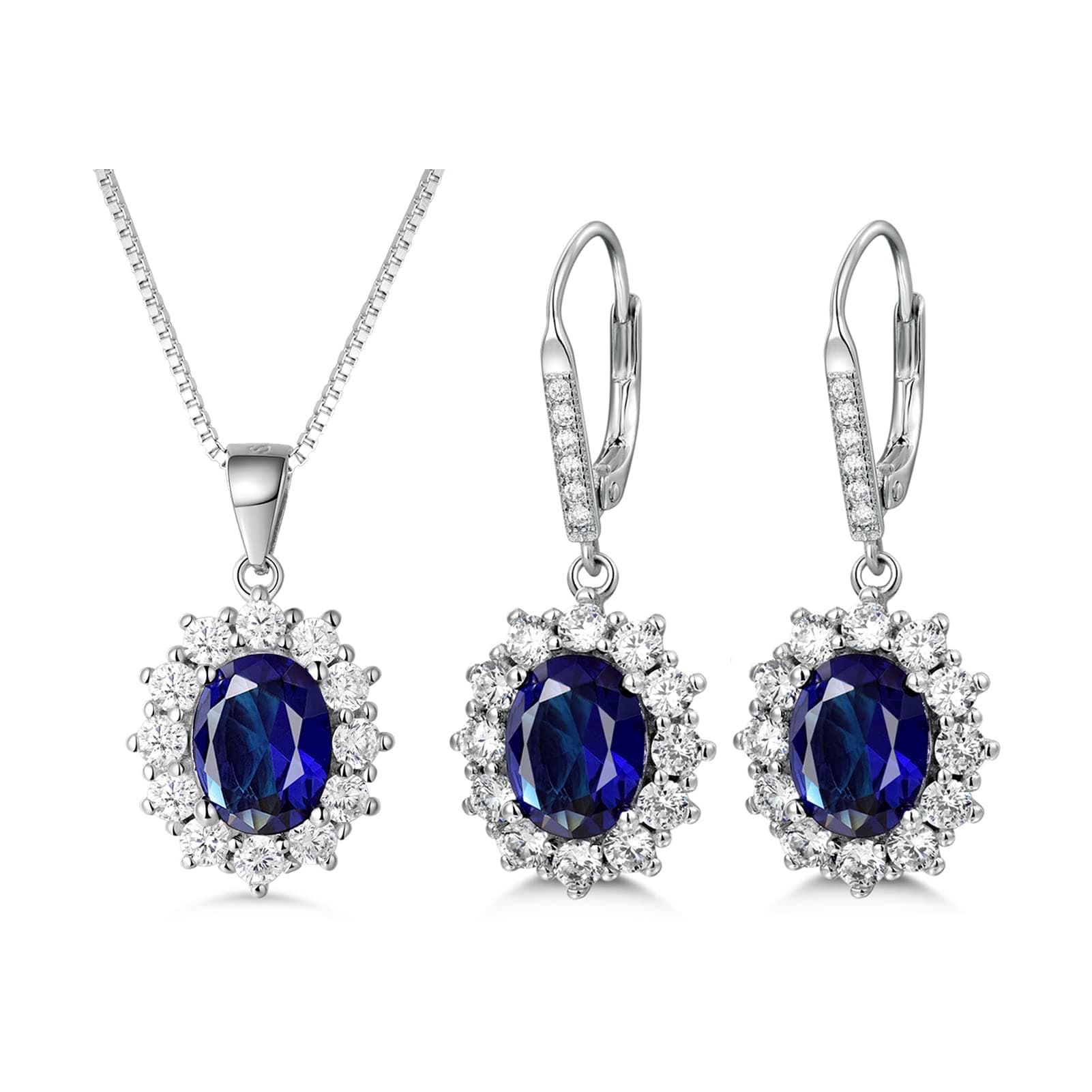 Sterling Silver Blue Sapphire Drop Earrings Necklace Jewellery Set for Women,Silver Pandent Necklace and Dangle Drop Earrings with Blue Cubic Zirconia