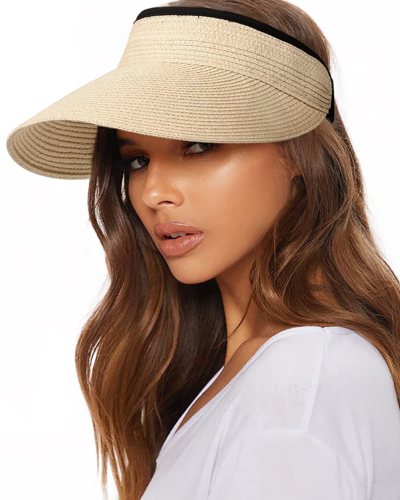 FURTALK Womens Straw Visor Summer Straw Sun Hat for Women Packable Wide Brim Beach Hat, Beige, One Size-Medium