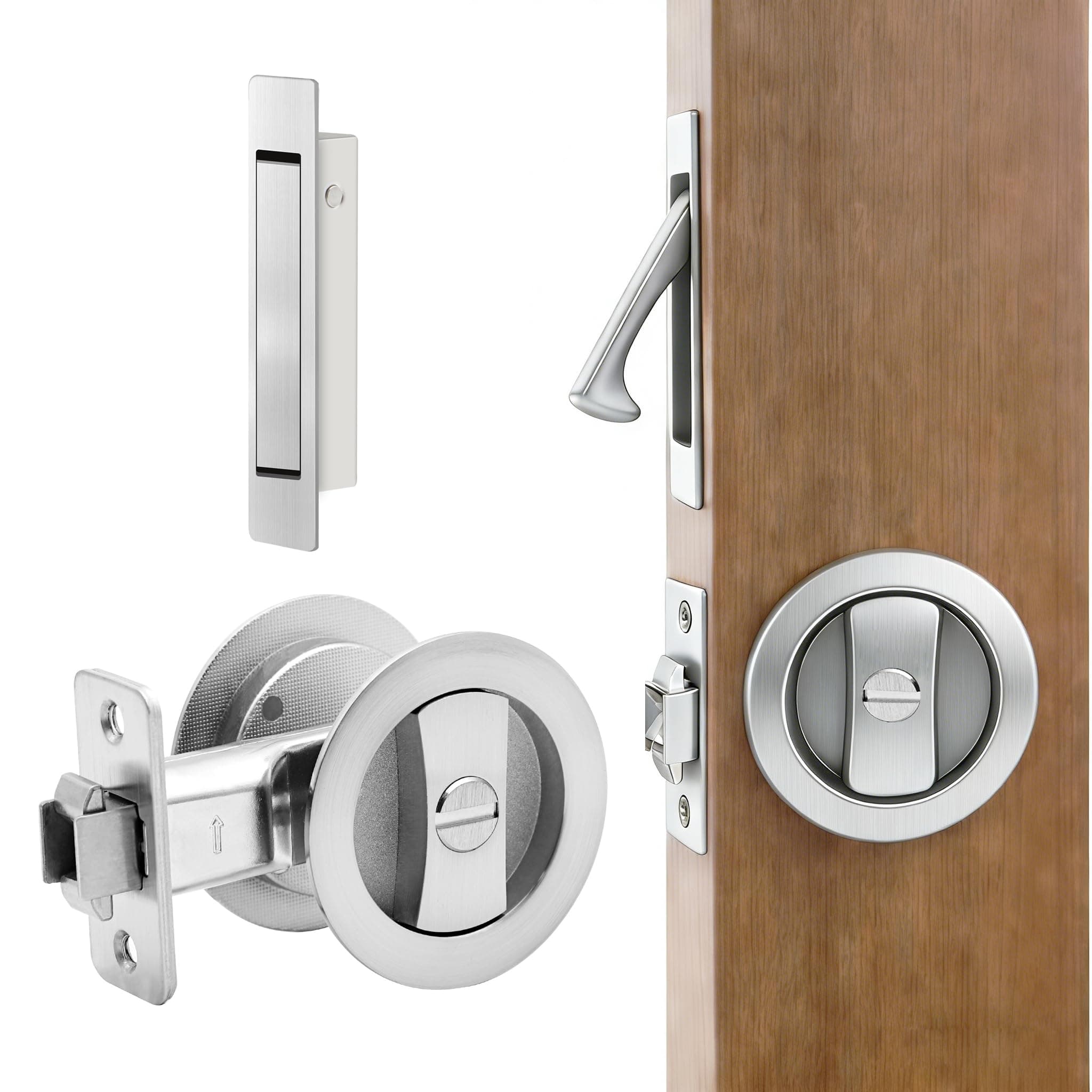 Dontay Pocket Door Privacy Lock with Edge Pull Handle,(Bed/Bath) 1 3/8" Backset,Stainless Steel Recessed 2 Sided,Recessed Knob,1 3/8" to 2 3/16" Bathroom&Sliding Door (Brushed Nickel, Round - 1 Set)