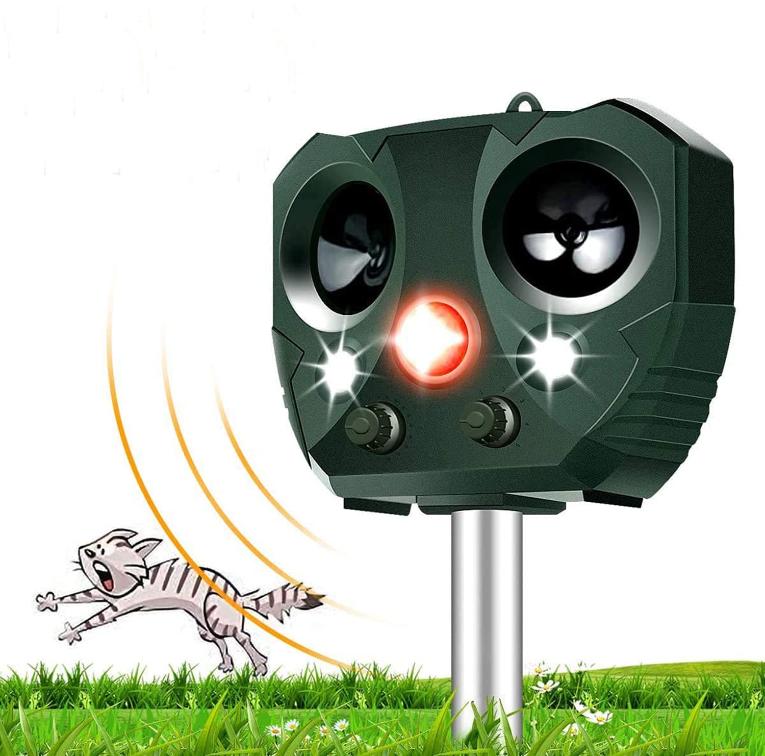 KASTWAVE Animal Repellent Solar Powered Waterproof with Motion Sensor, Flashing Light, USB Charge Effectively Repels Dog Cat Deer Raccoon Rabbit Squirrel Bird Farm Garden Yard