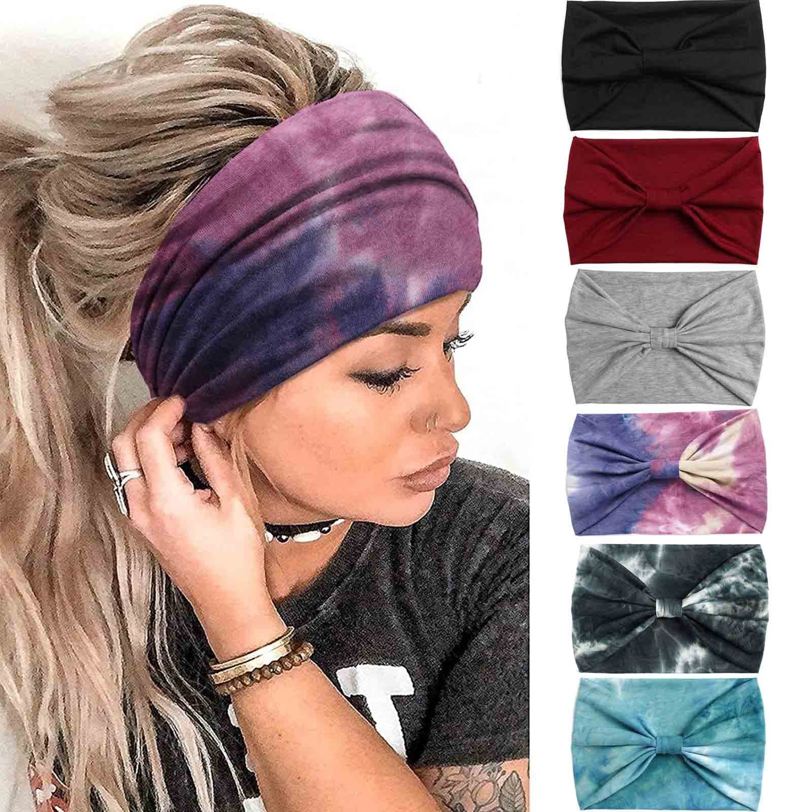 Olbye Wide Headbands Women Knotted Headband Non Slip Elastic Hair Bands Tie Dye Turban Head Wraps Workout Yoga Sports Sweatbands Boho Headbands for Women Fashion Hair Accessories Pack of 6 (Pattern A)