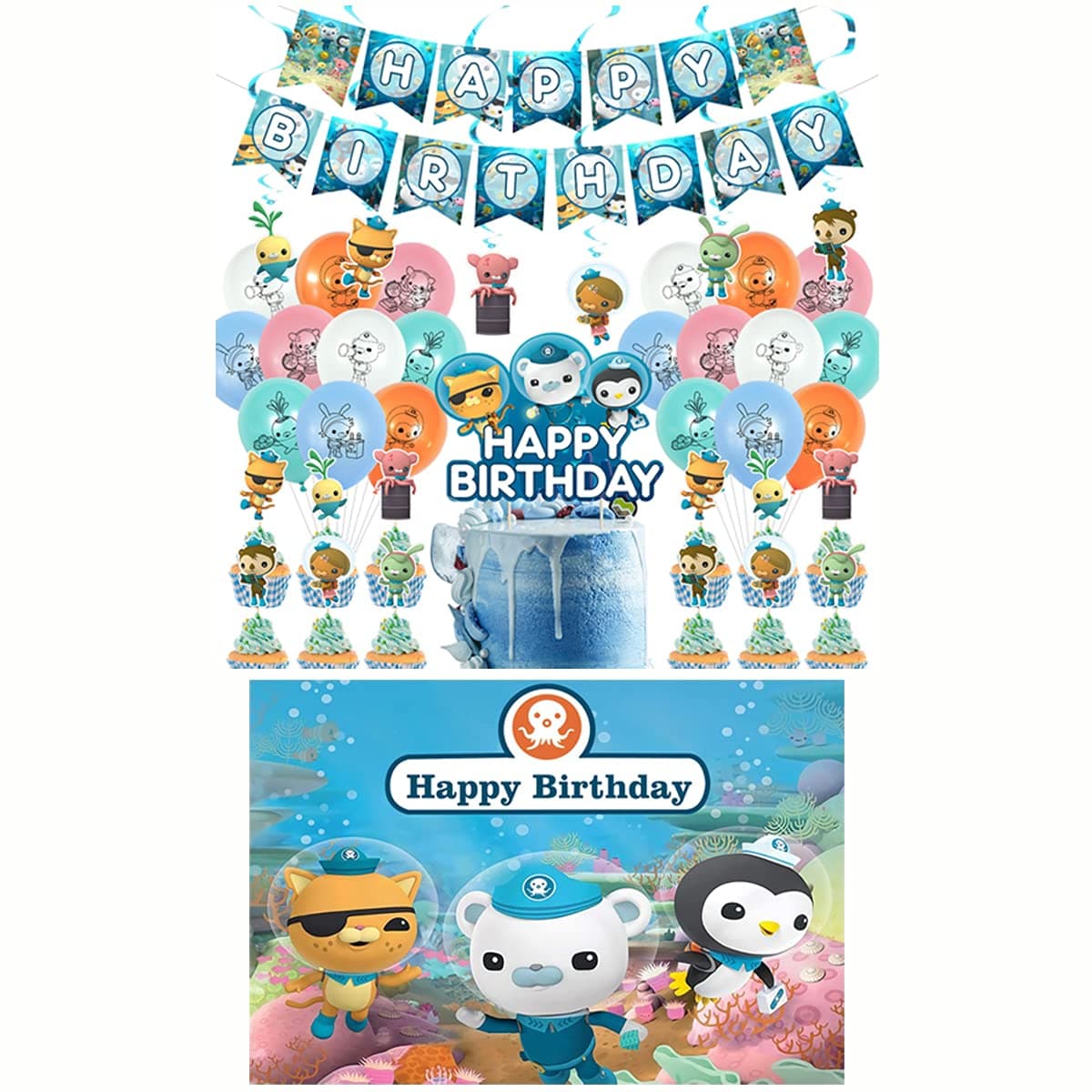 TRYeveBirthday Party Supplies For Octonauts Includes Banner, 6 Swirls Hanging, Cake Topper, 12 Cupcake Toppers - 20 Balloons and Backdrop